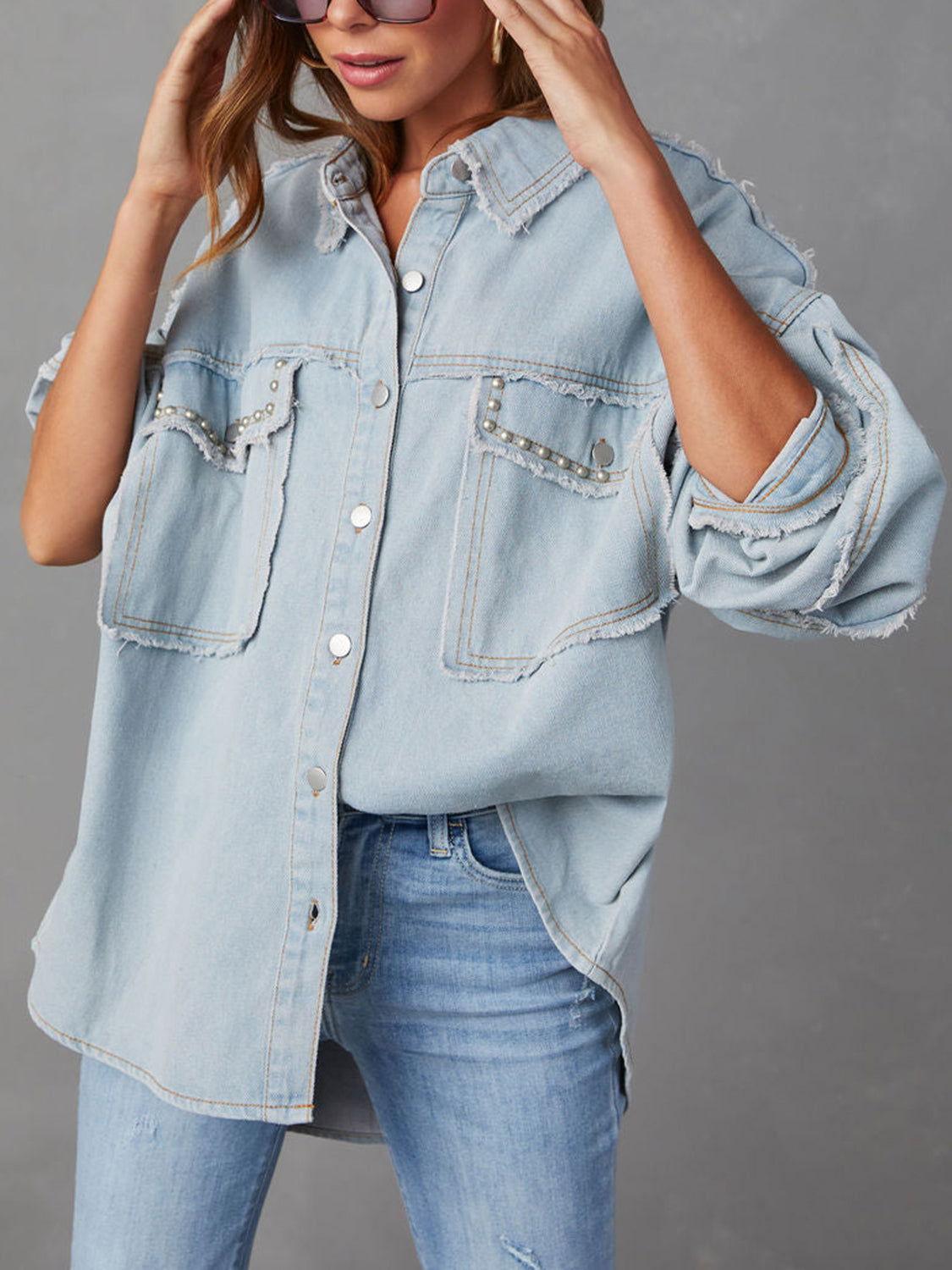 Button Down Raw Hem Denim Jacket - Clothes For Her Online Store