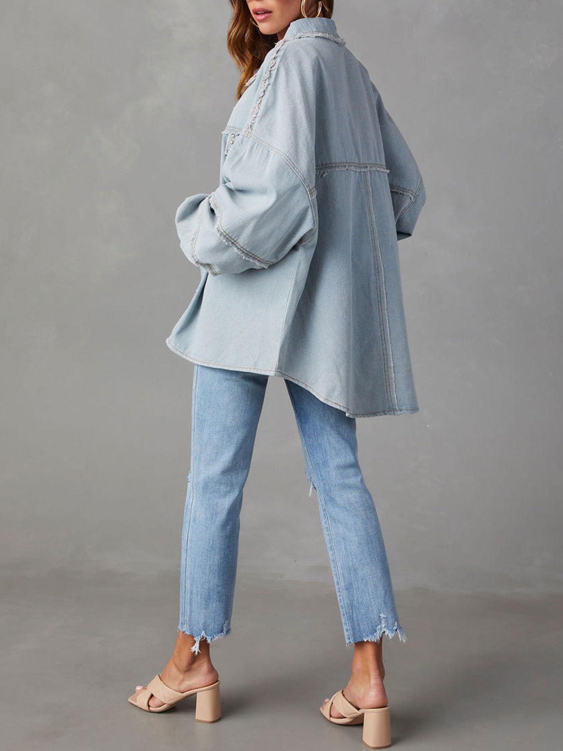 Button Down Raw Hem Denim Jacket - Clothes For Her Online Store