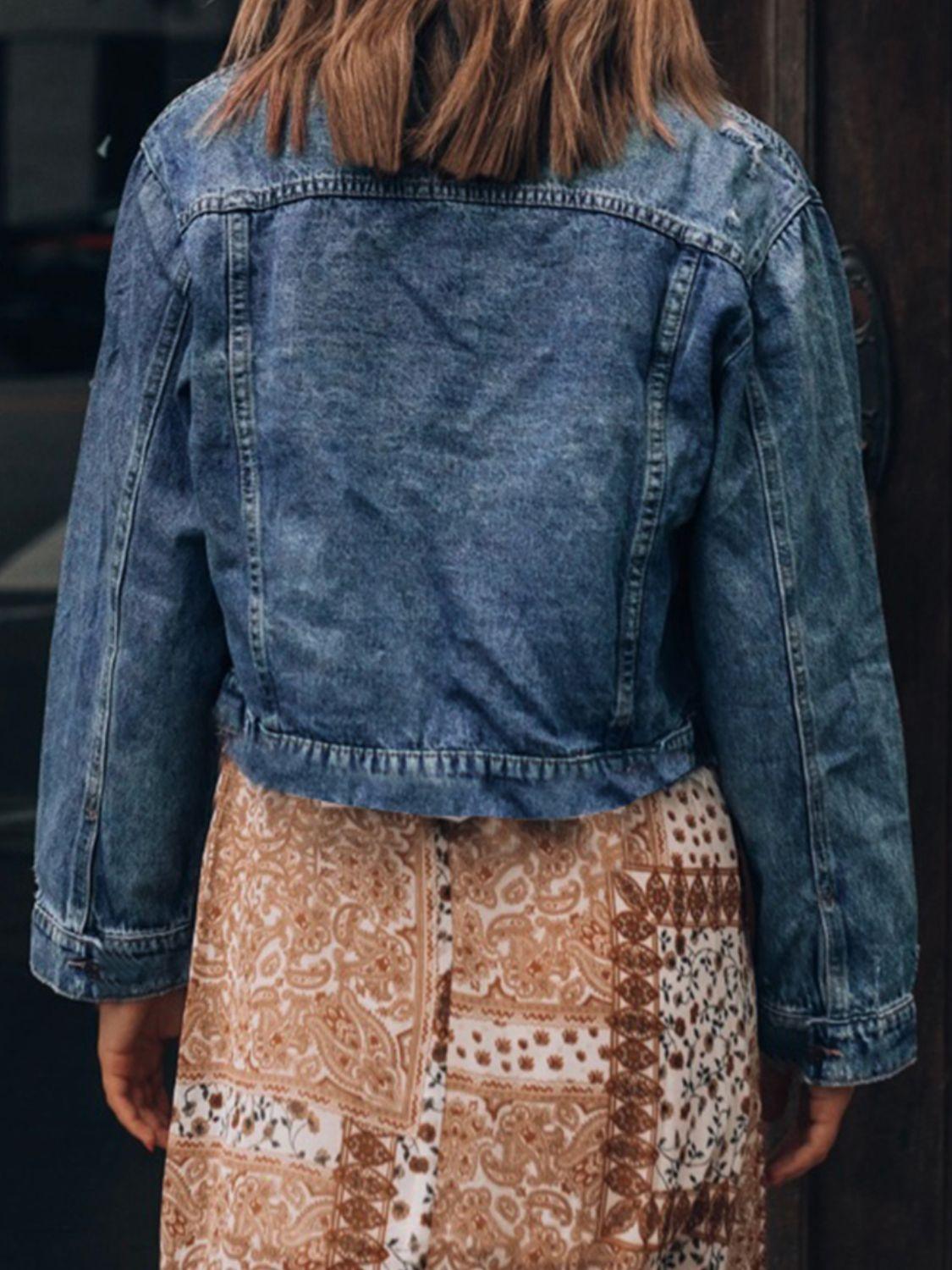 Button Up Collared Neck Distressed Denim Jacket - Clothes For Her Online Store