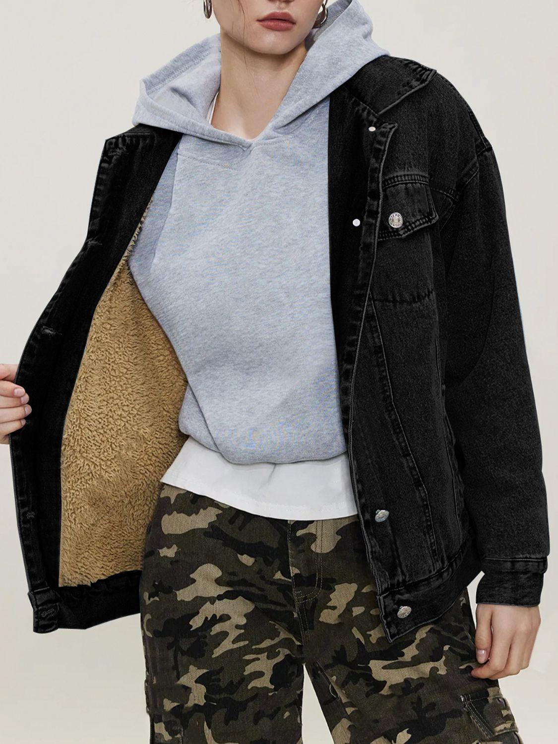Button Up Collared Neck Long Sleeve Denim Jacket - Clothes For Her Online Store