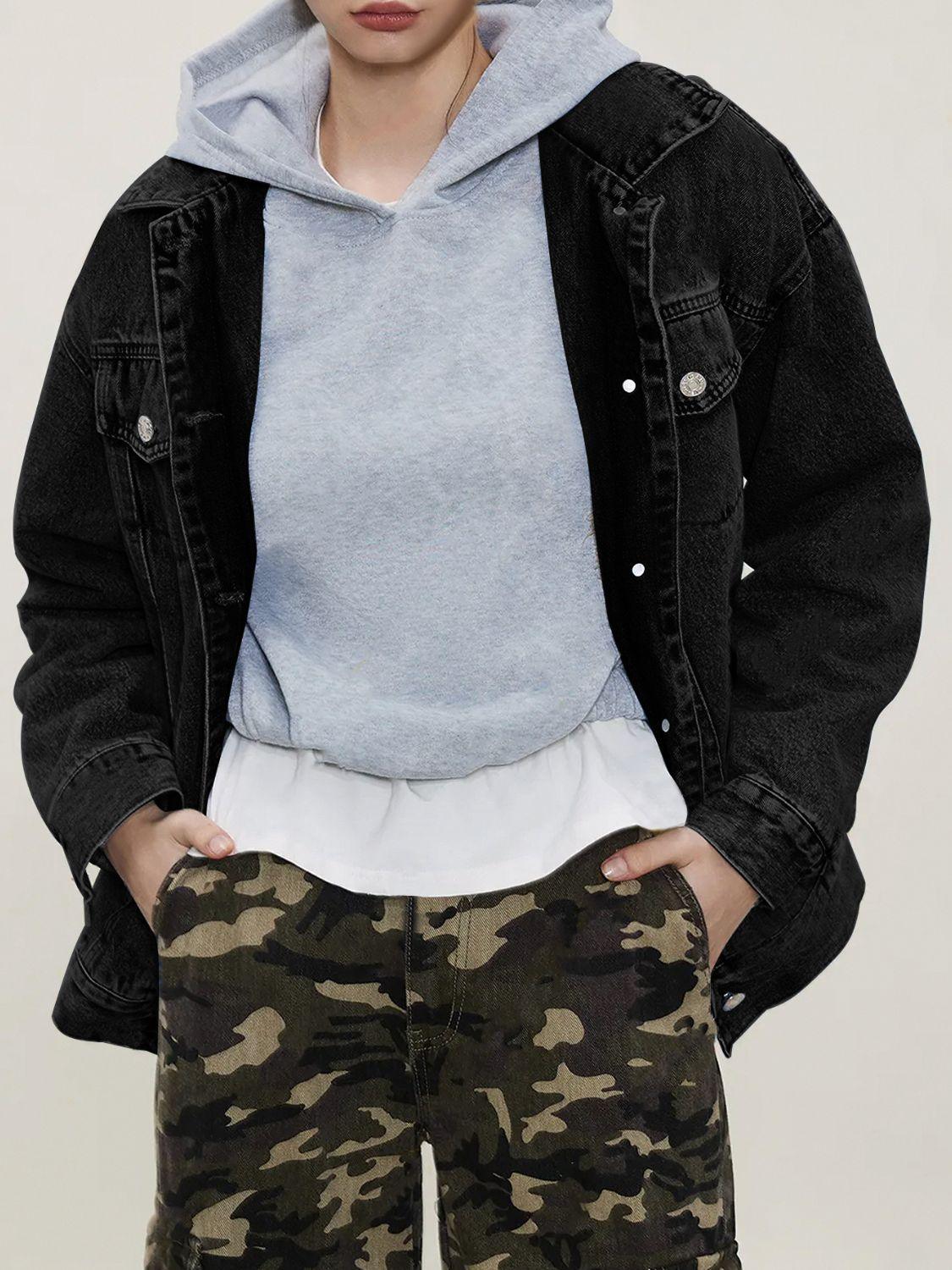 Button Up Collared Neck Long Sleeve Denim Jacket - Clothes For Her Online Store