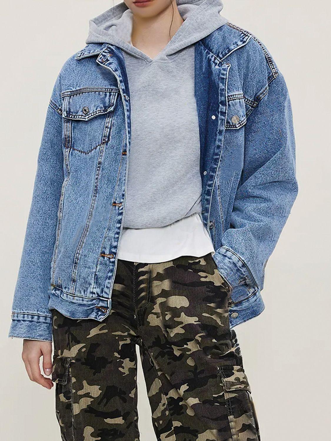 Button Up Collared Neck Long Sleeve Denim Jacket - Clothes For Her Online Store