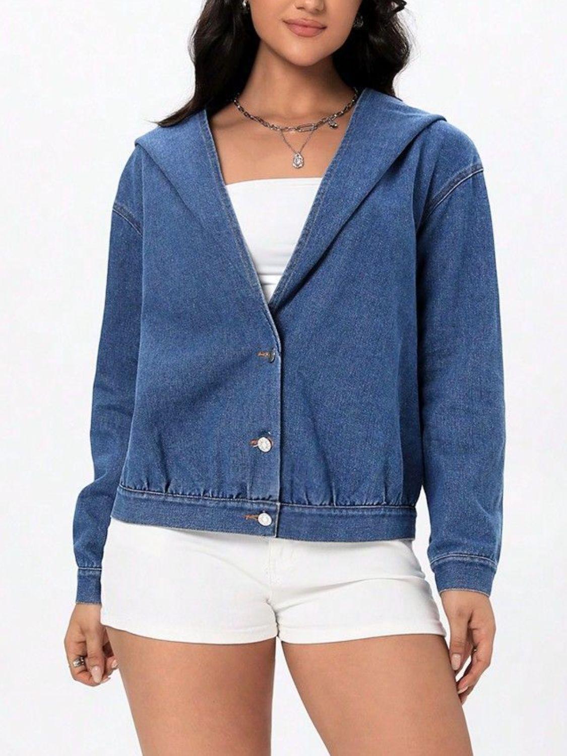 Button Up Hooded Denim Top - Clothes For Her Online Store