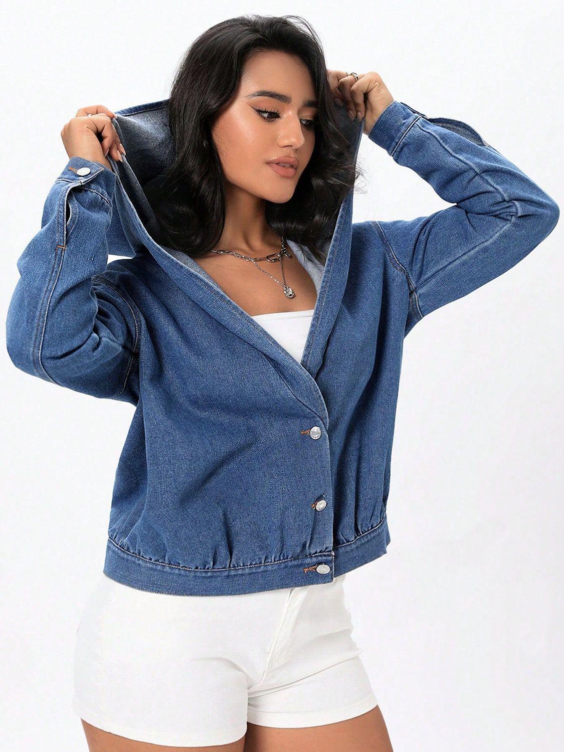 Button Up Hooded Denim Top - Clothes For Her Online Store