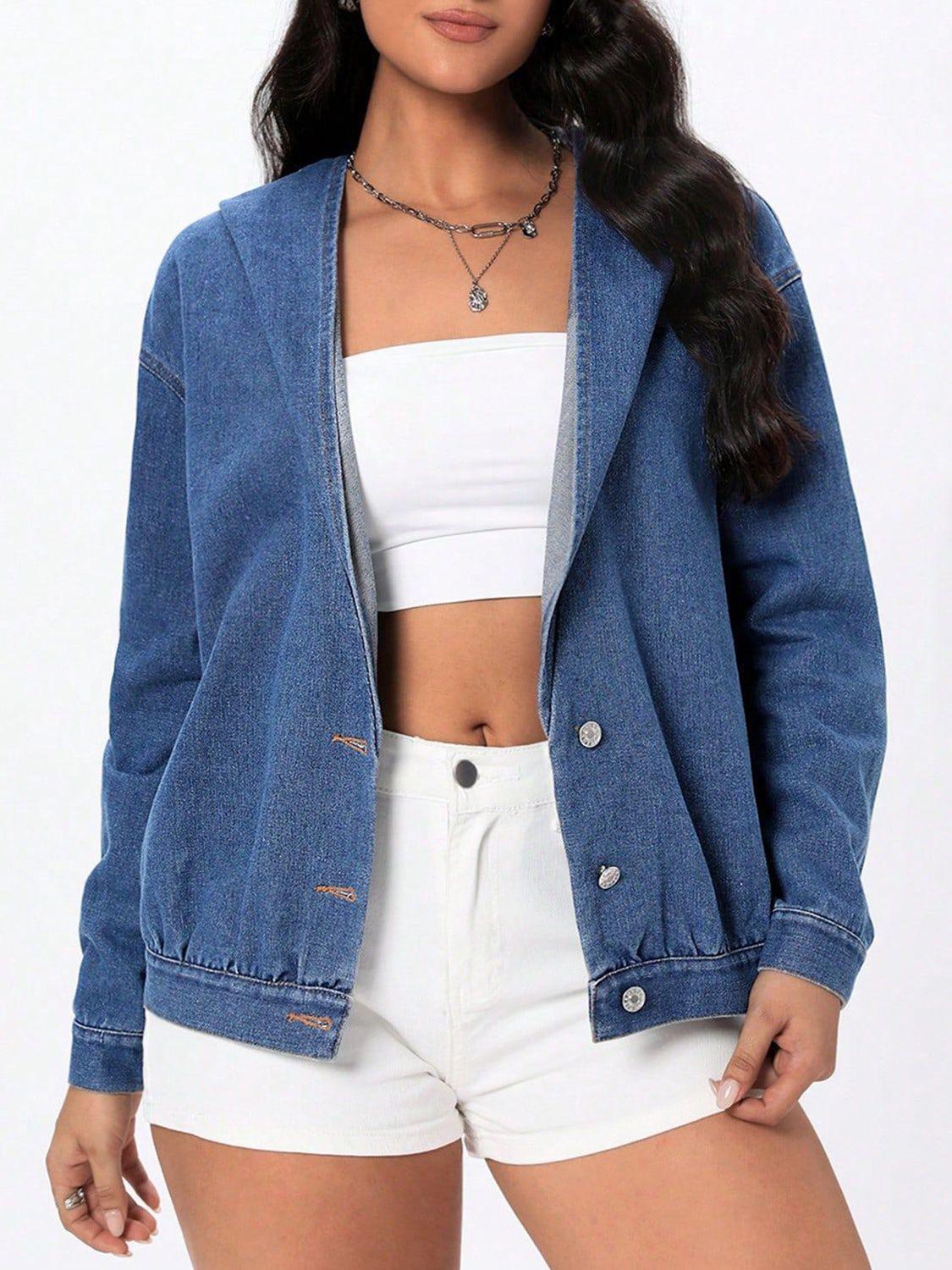Button Up Hooded Denim Top - Clothes For Her Online Store