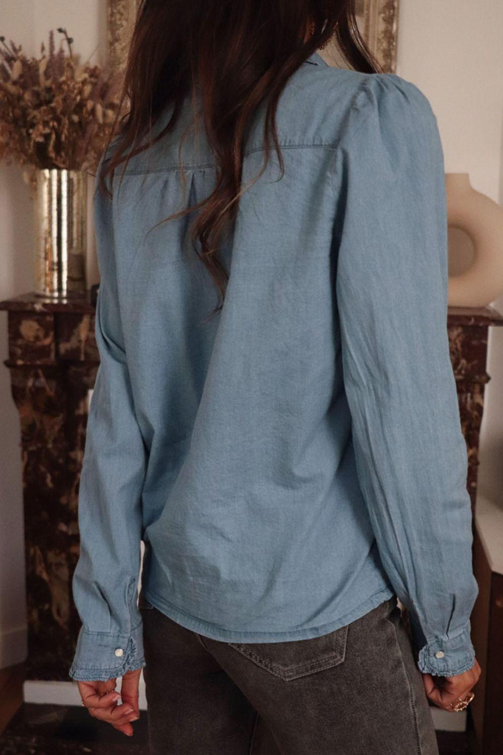 Button Up Long Sleeve Denim Top - Clothes For Her Online Store
