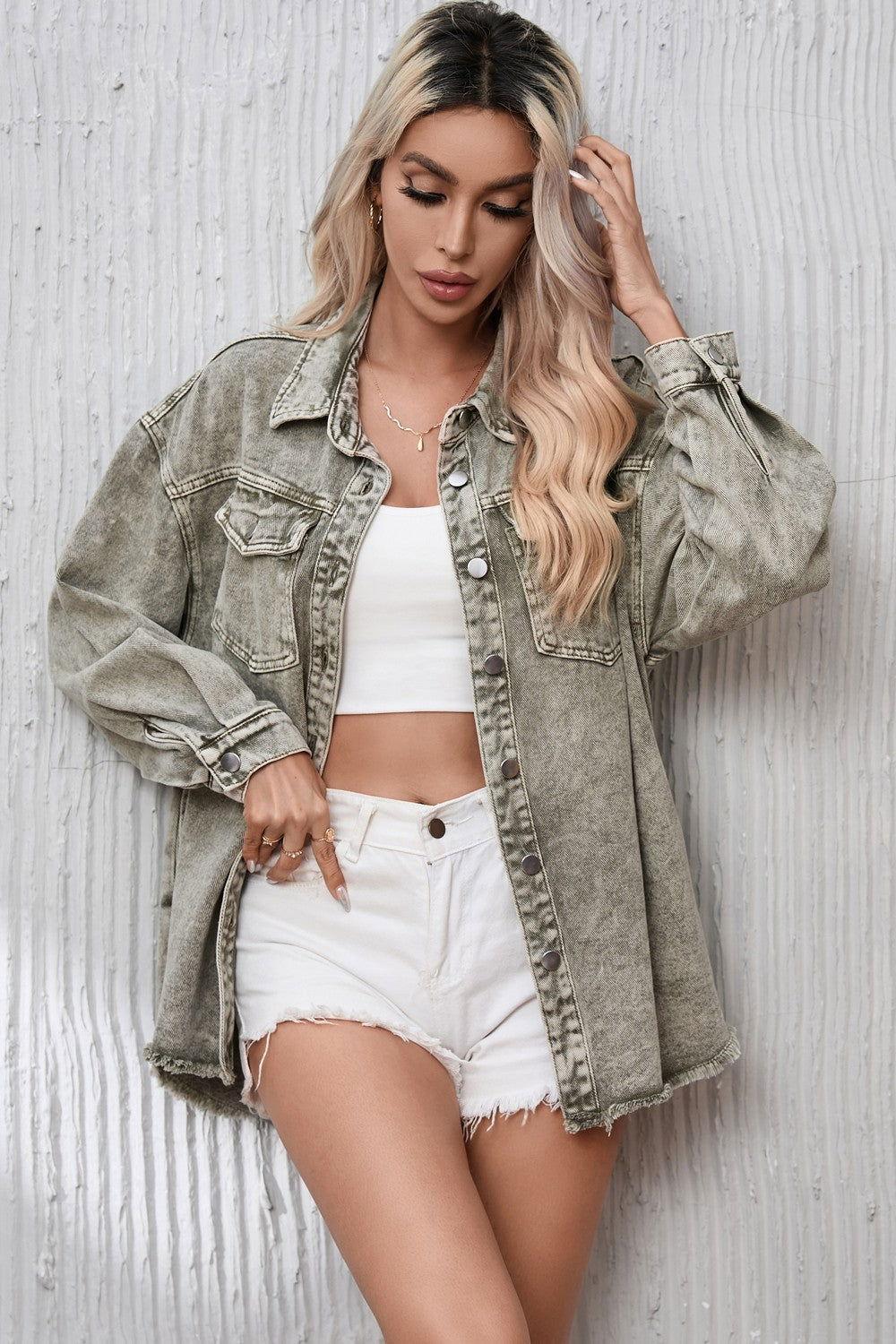 Button Up Pocketed Raw Hem Denim Jacket - Clothes For Her Online Store