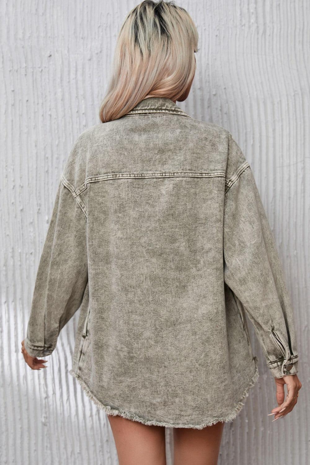 Button Up Pocketed Raw Hem Denim Jacket - Clothes For Her Online Store