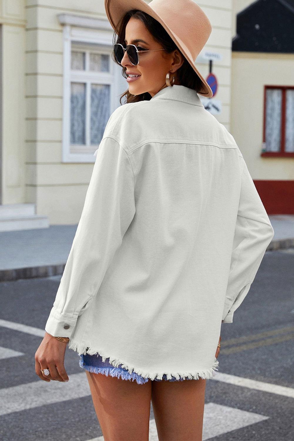 Button Up Pocketed Raw Hem Denim Jacket - Clothes For Her Online Store