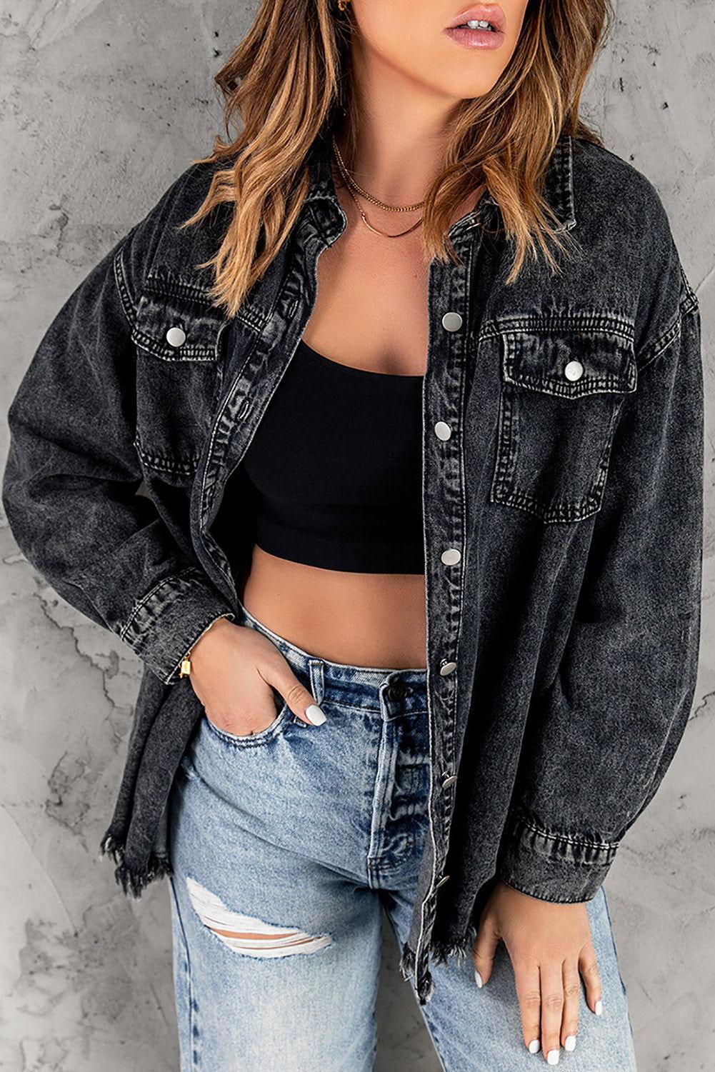 Button Up Pocketed Raw Hem Denim Jacket - Clothes For Her Online Store