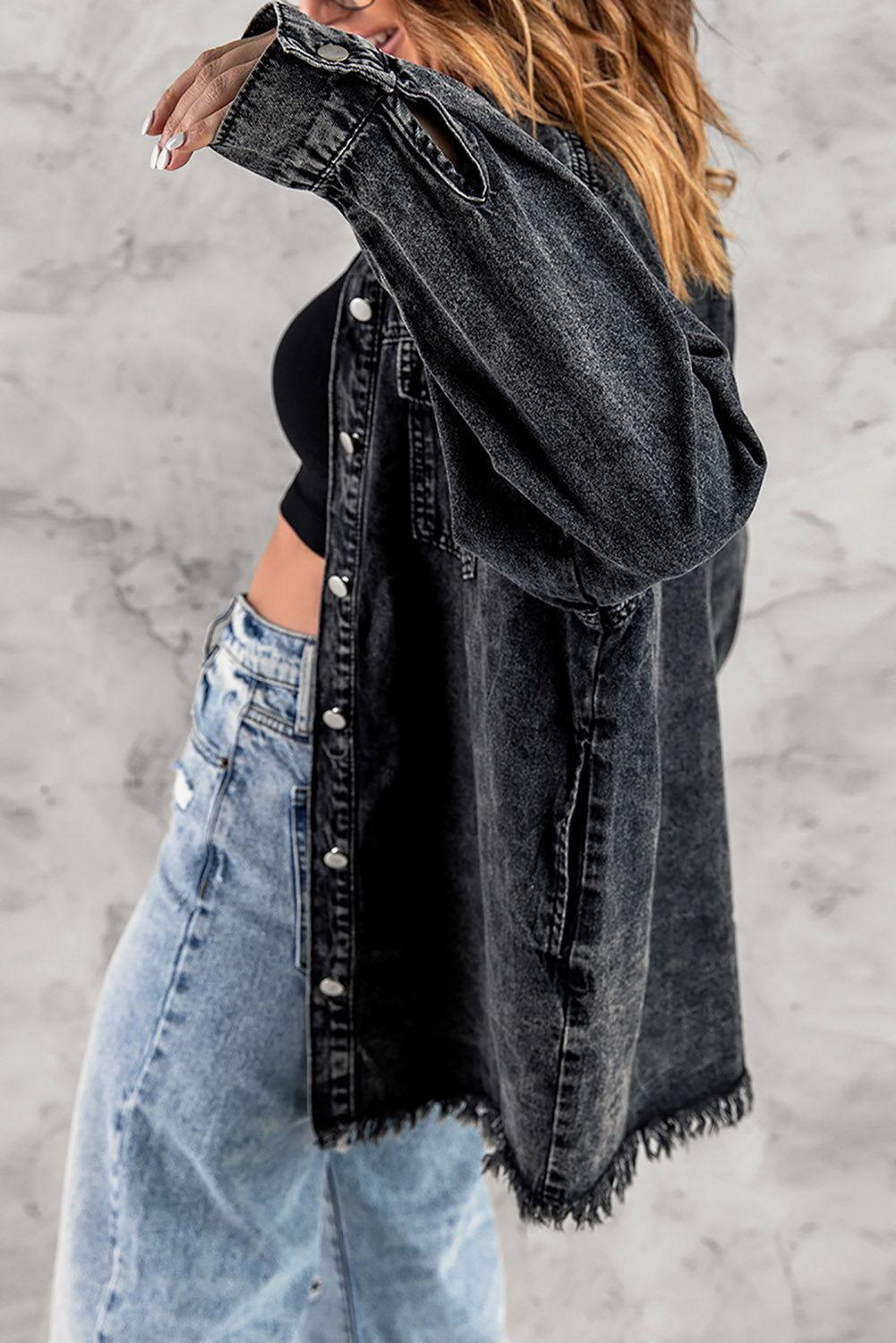 Button Up Pocketed Raw Hem Denim Jacket - Clothes For Her Online Store