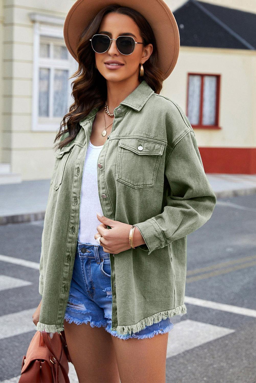 Button Up Pocketed Raw Hem Denim Jacket - Clothes For Her Online Store