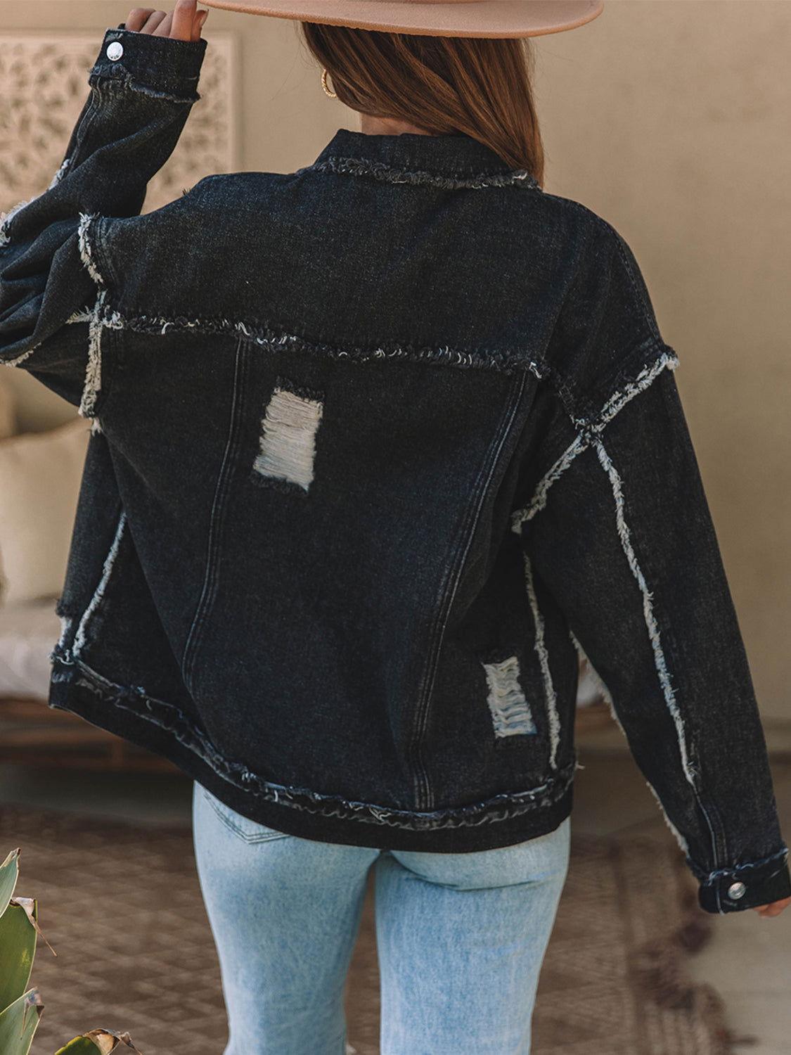 Button Up Raw Hem Distressed Denim Jacket - Clothes For Her Online Store