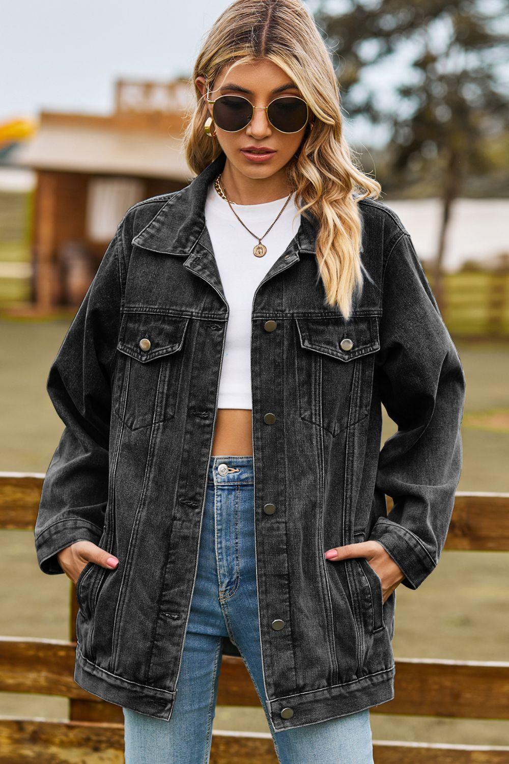 Buttoned Collared Neck Denim Jacket with Pockets - Clothes For Her Online Store