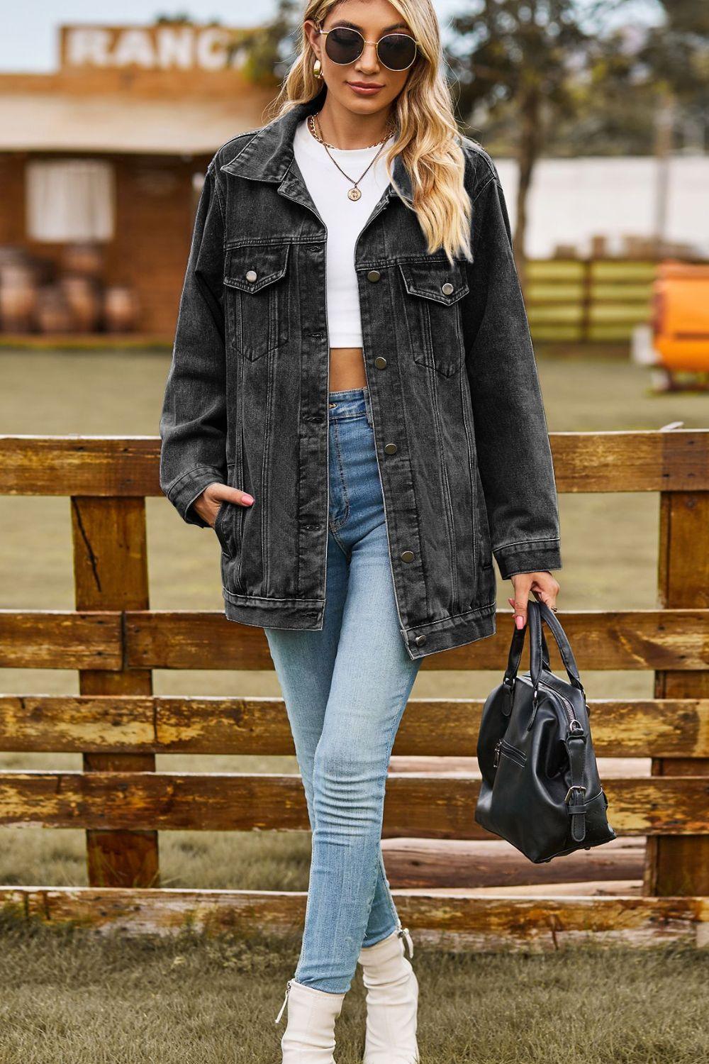 Buttoned Collared Neck Denim Jacket with Pockets - Clothes For Her Online Store