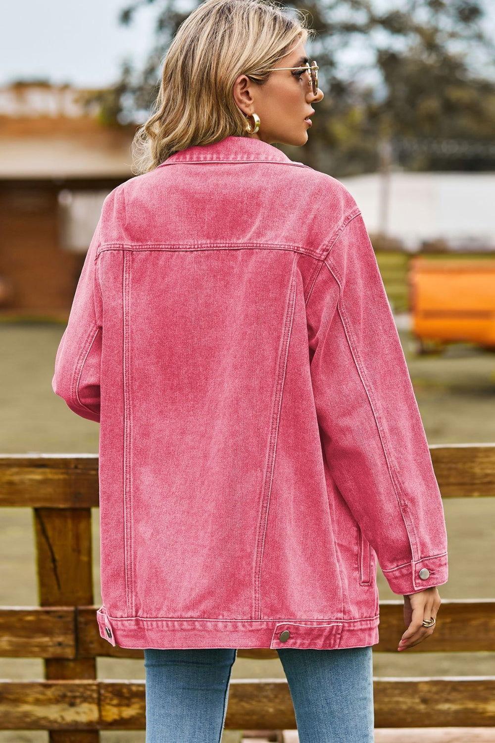Buttoned Collared Neck Denim Jacket with Pockets - Clothes For Her Online Store