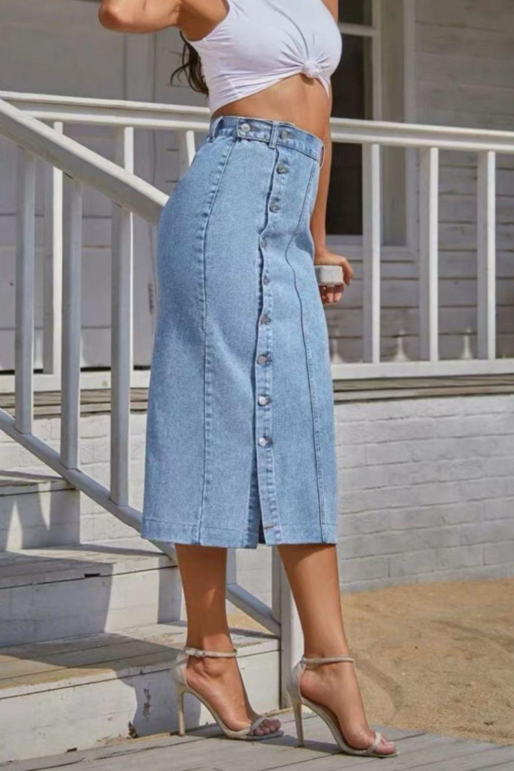 Buttoned Split Denim Skirt - Clothes For Her Online Store
