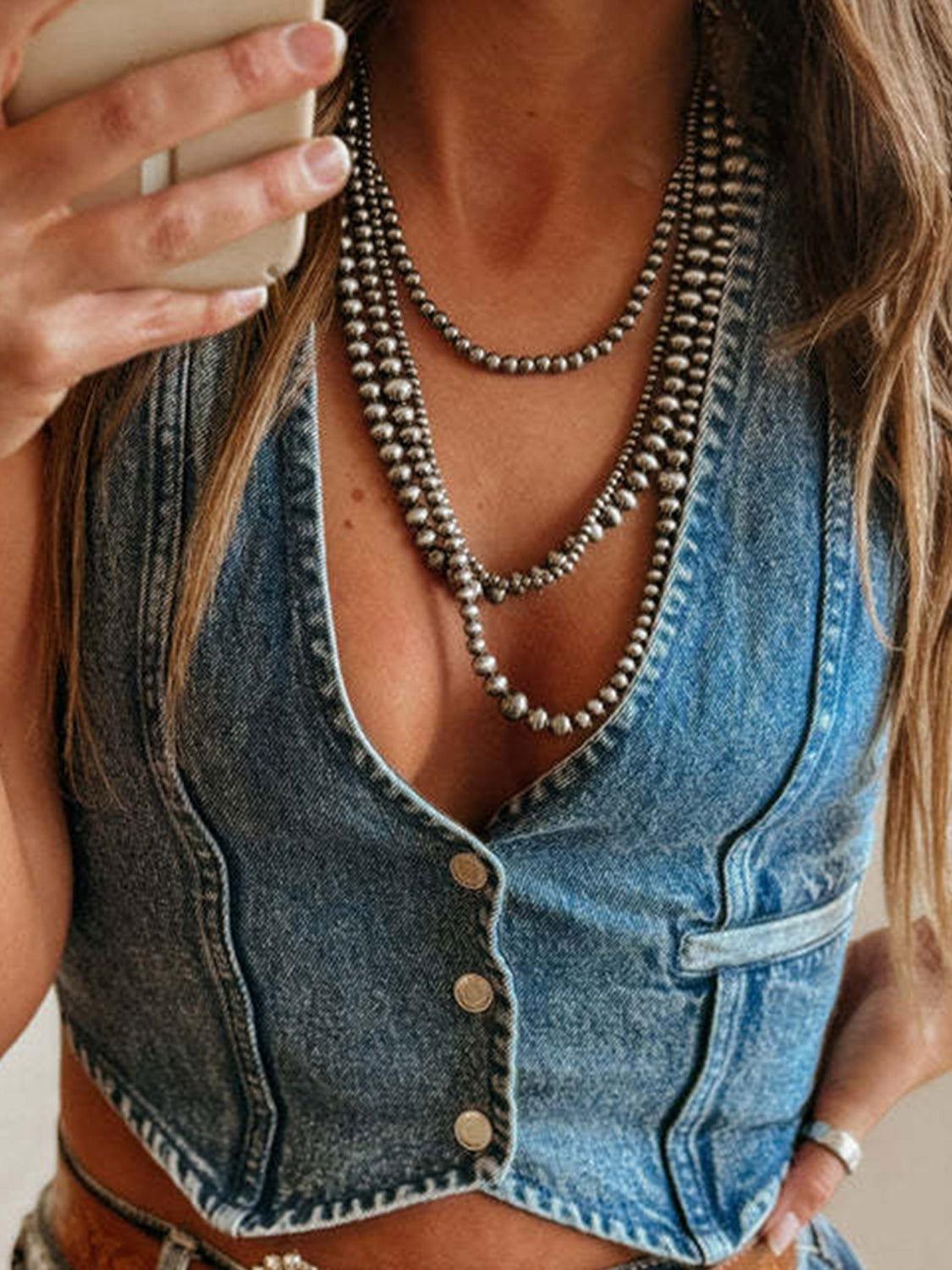 Buttoned V-Neck Denim Top - Clothes For Her Online Store