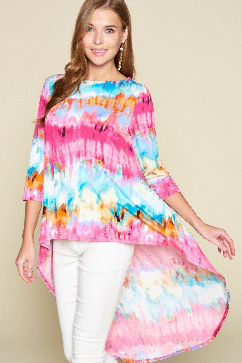 Tie-dye Venechia High Low Fashion Top With 3/4 Sleeves - Clothes For Her Online Store