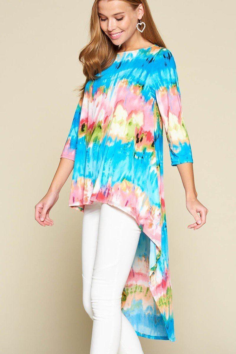 Tie-dye Venechia High Low Fashion Top With 3/4 Sleeves - Clothes For Her Online Store