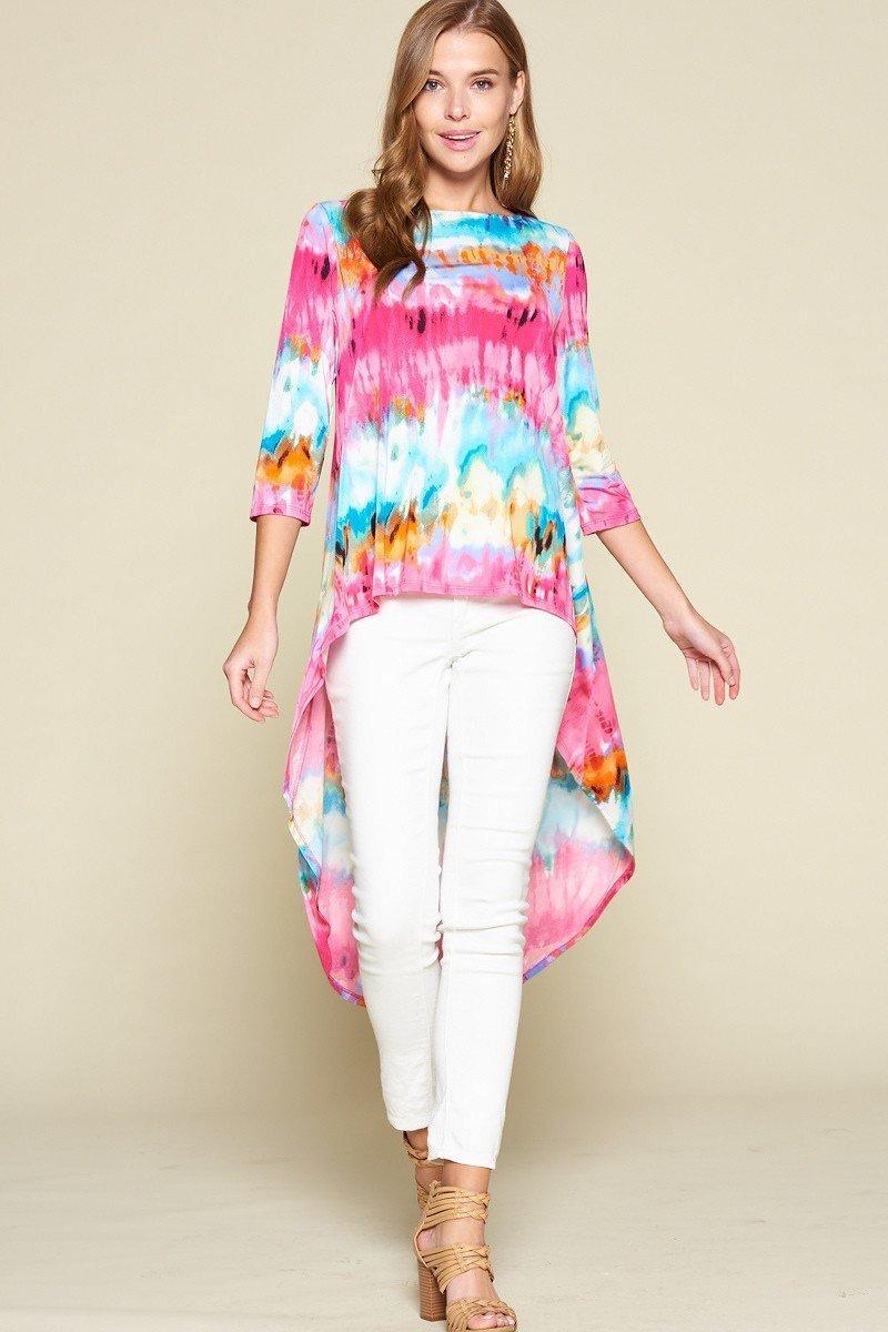 Tie-dye Venechia High Low Fashion Top With 3/4 Sleeves - Clothes For Her Online Store