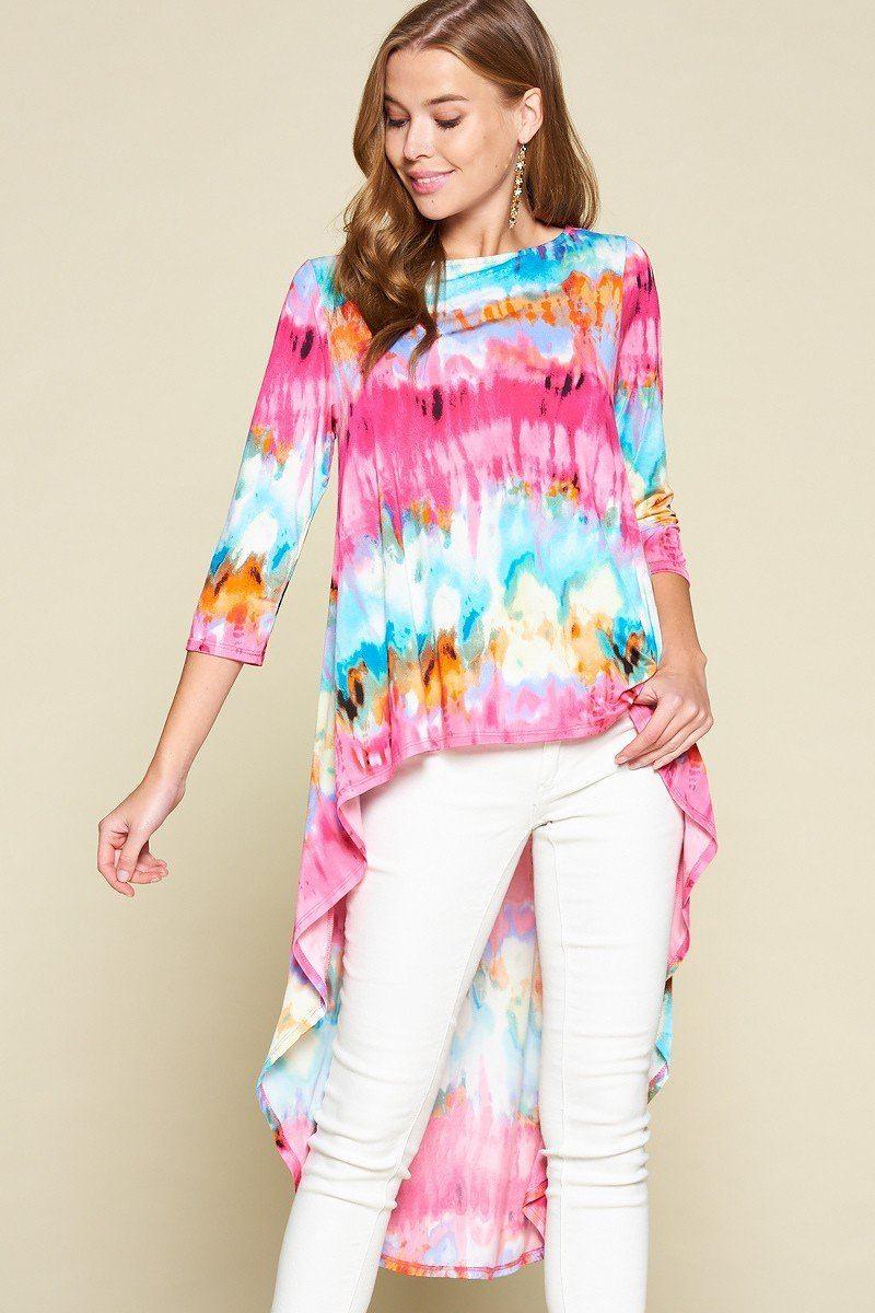 Tie-dye Venechia High Low Fashion Top With 3/4 Sleeves - Clothes For Her Online Store