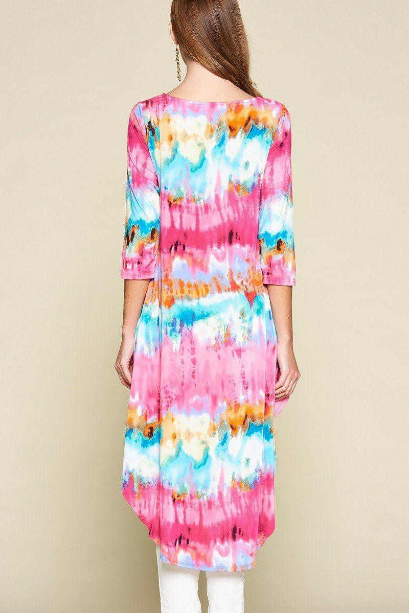Tie-dye Venechia High Low Fashion Top With 3/4 Sleeves - Clothes For Her Online Store