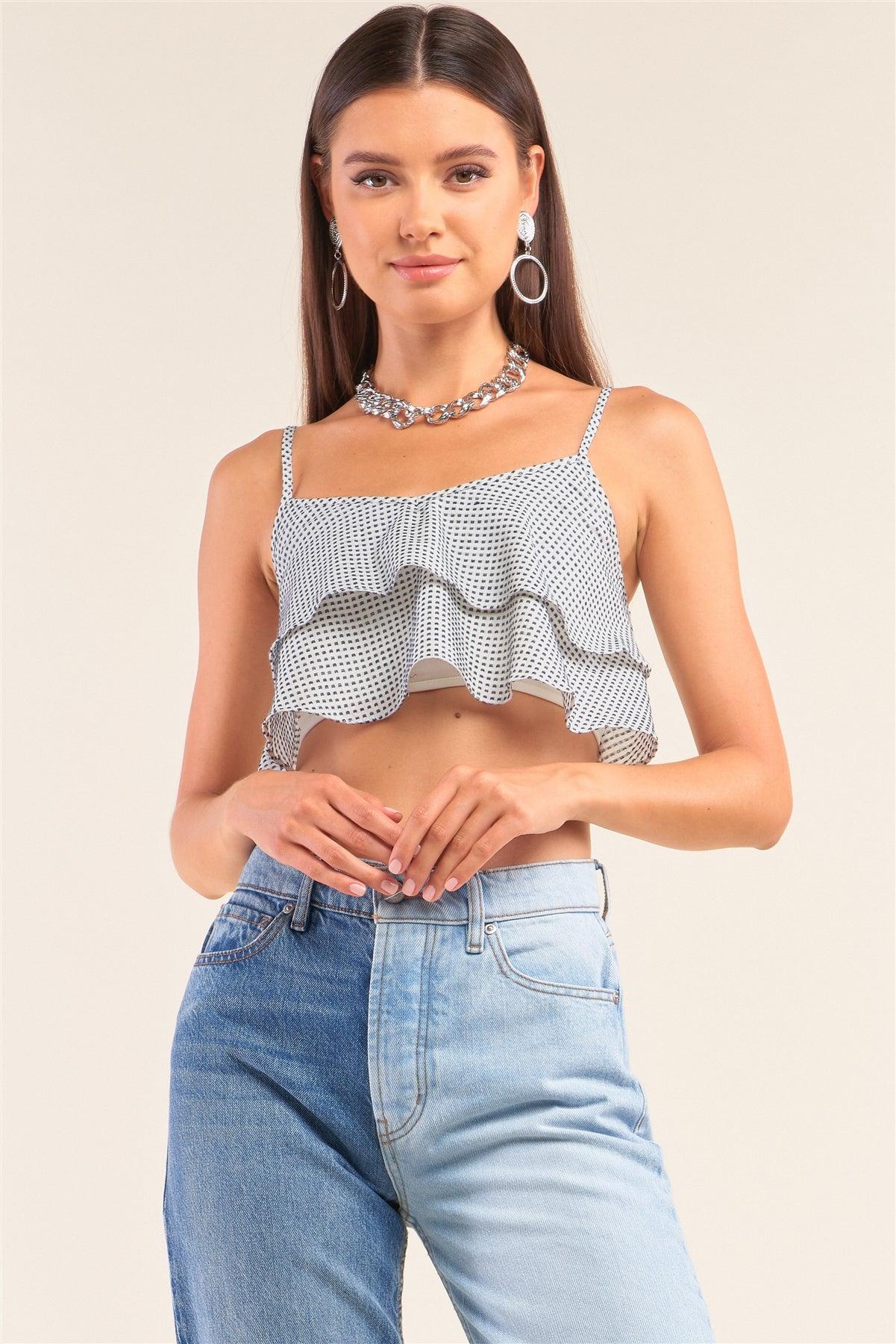 White And Navy Sleeveless Polka Square Layered Smock Back Cropped Top - Clothes For Her Online Store