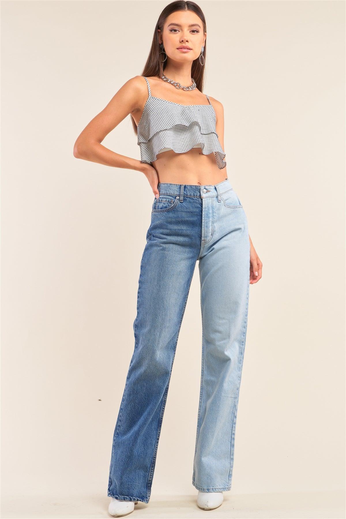 White And Navy Sleeveless Polka Square Layered Smock Back Cropped Top - Clothes For Her Online Store