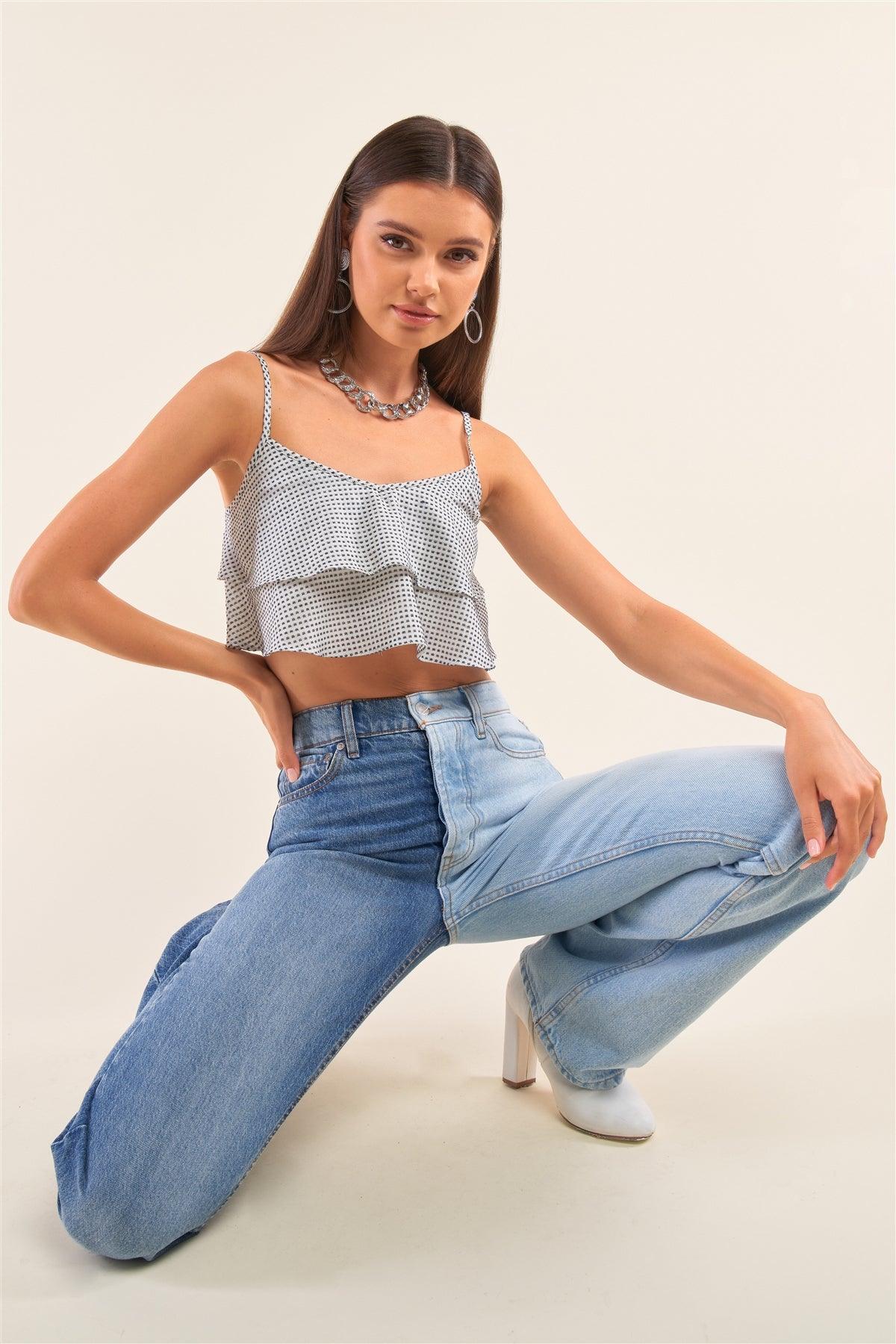 White And Navy Sleeveless Polka Square Layered Smock Back Cropped Top - Clothes For Her Online Store