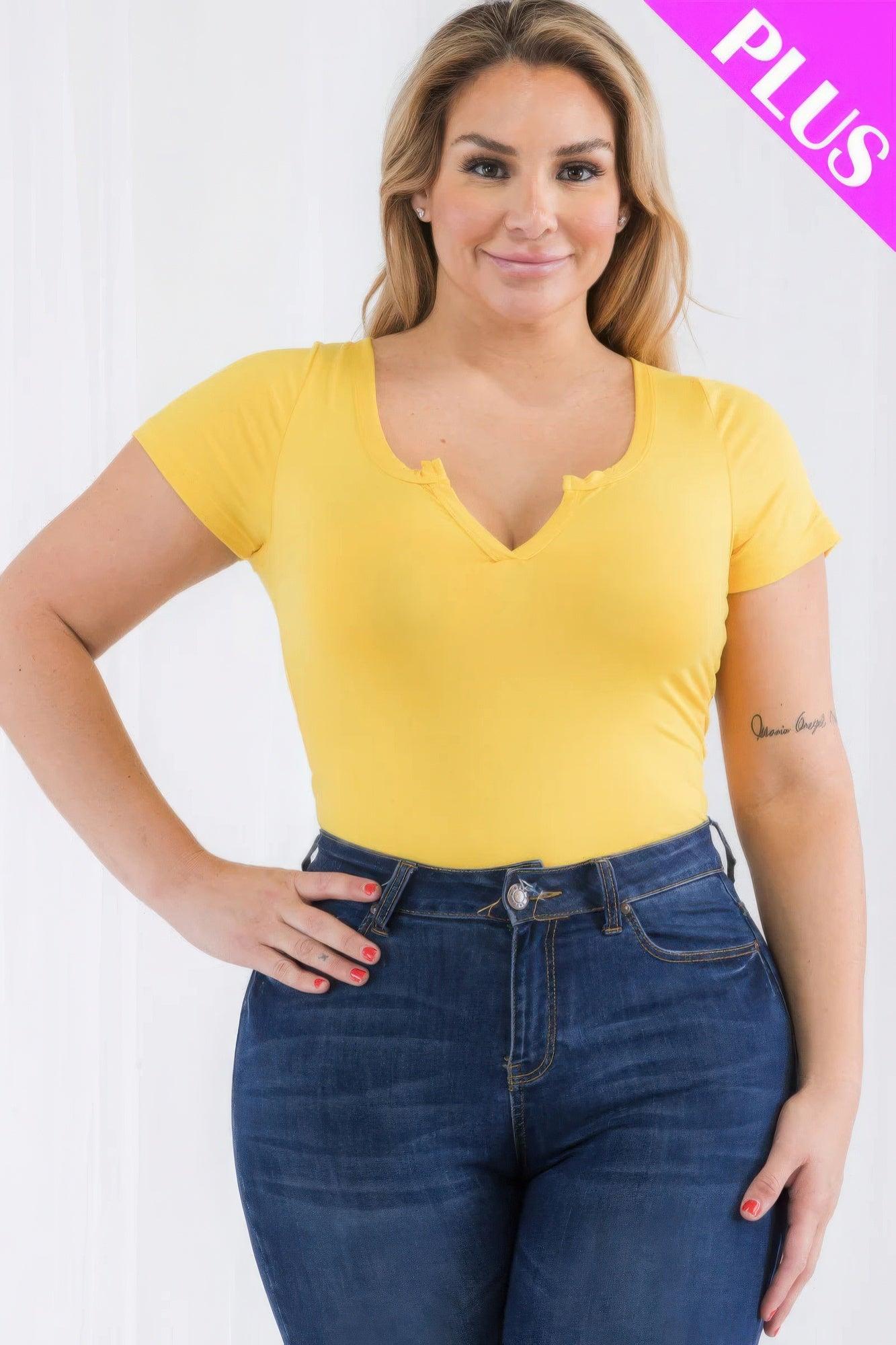 Plus Size Casual Split Neck Solid Short Sleeve Bodysuit - Clothes For Her Online Store