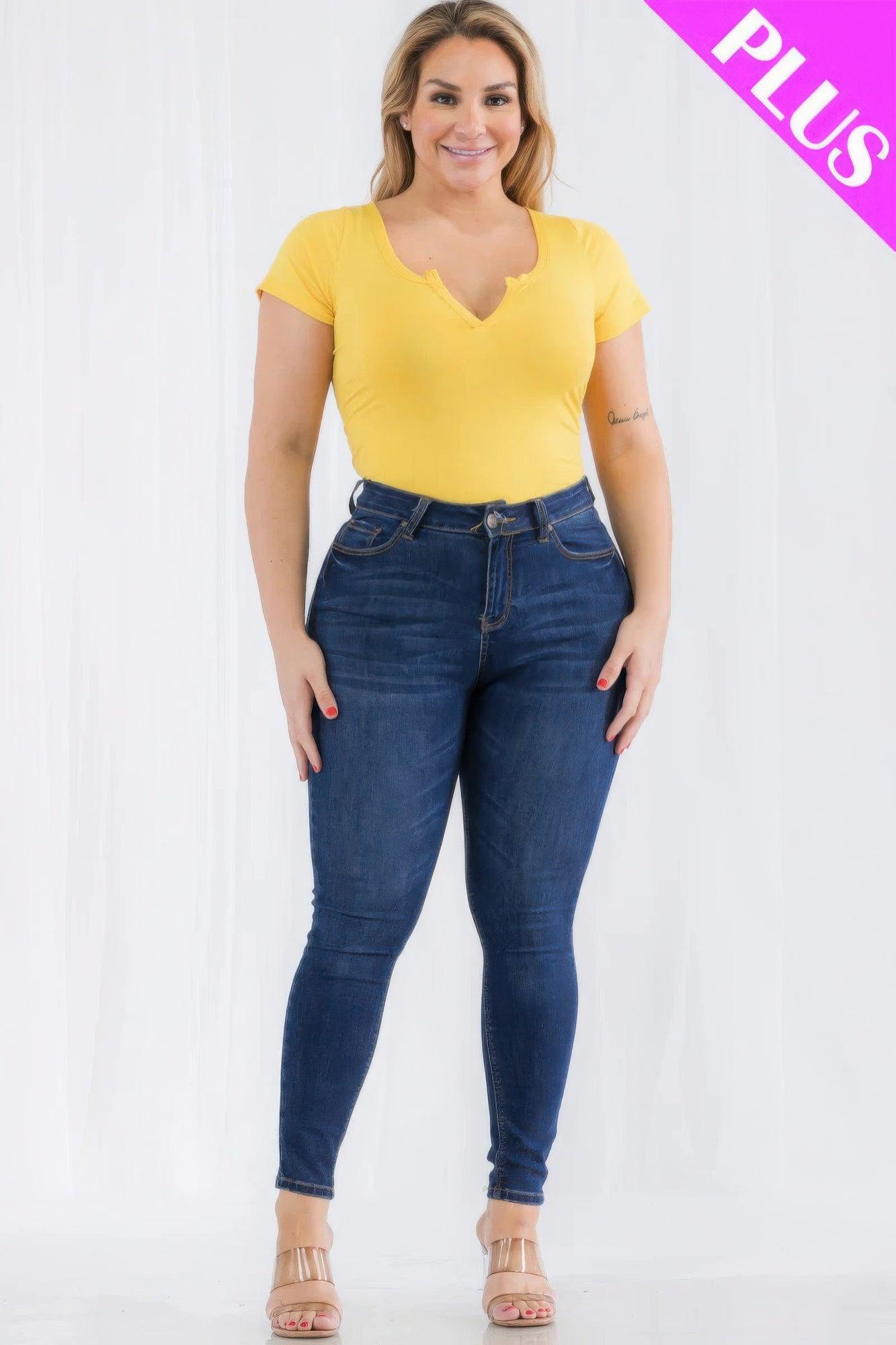 Plus Size Casual Split Neck Solid Short Sleeve Bodysuit - Clothes For Her Online Store