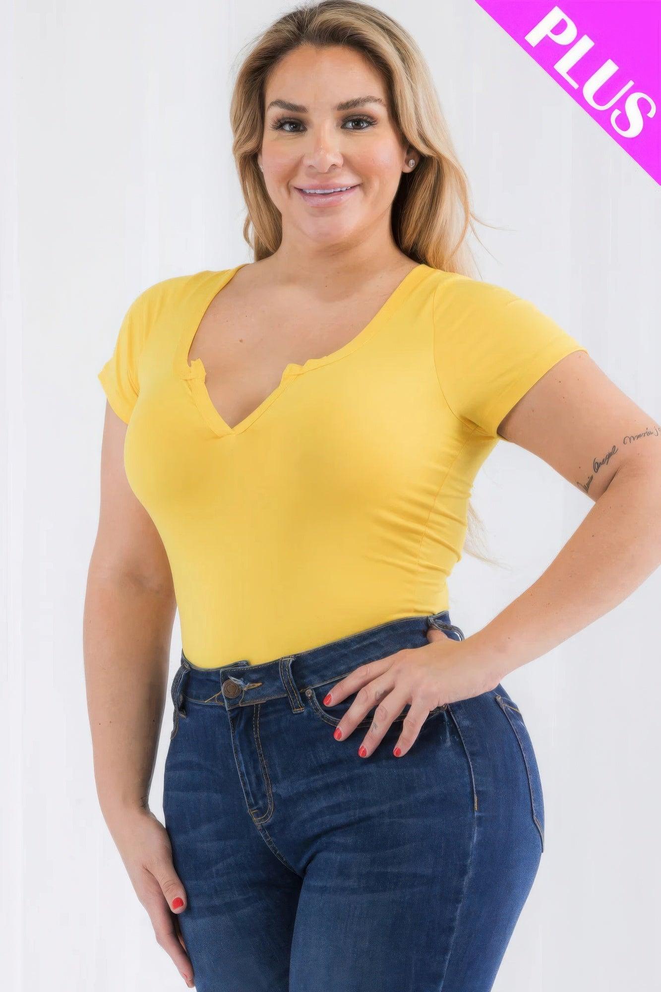 Plus Size Casual Split Neck Solid Short Sleeve Bodysuit - Clothes For Her Online Store