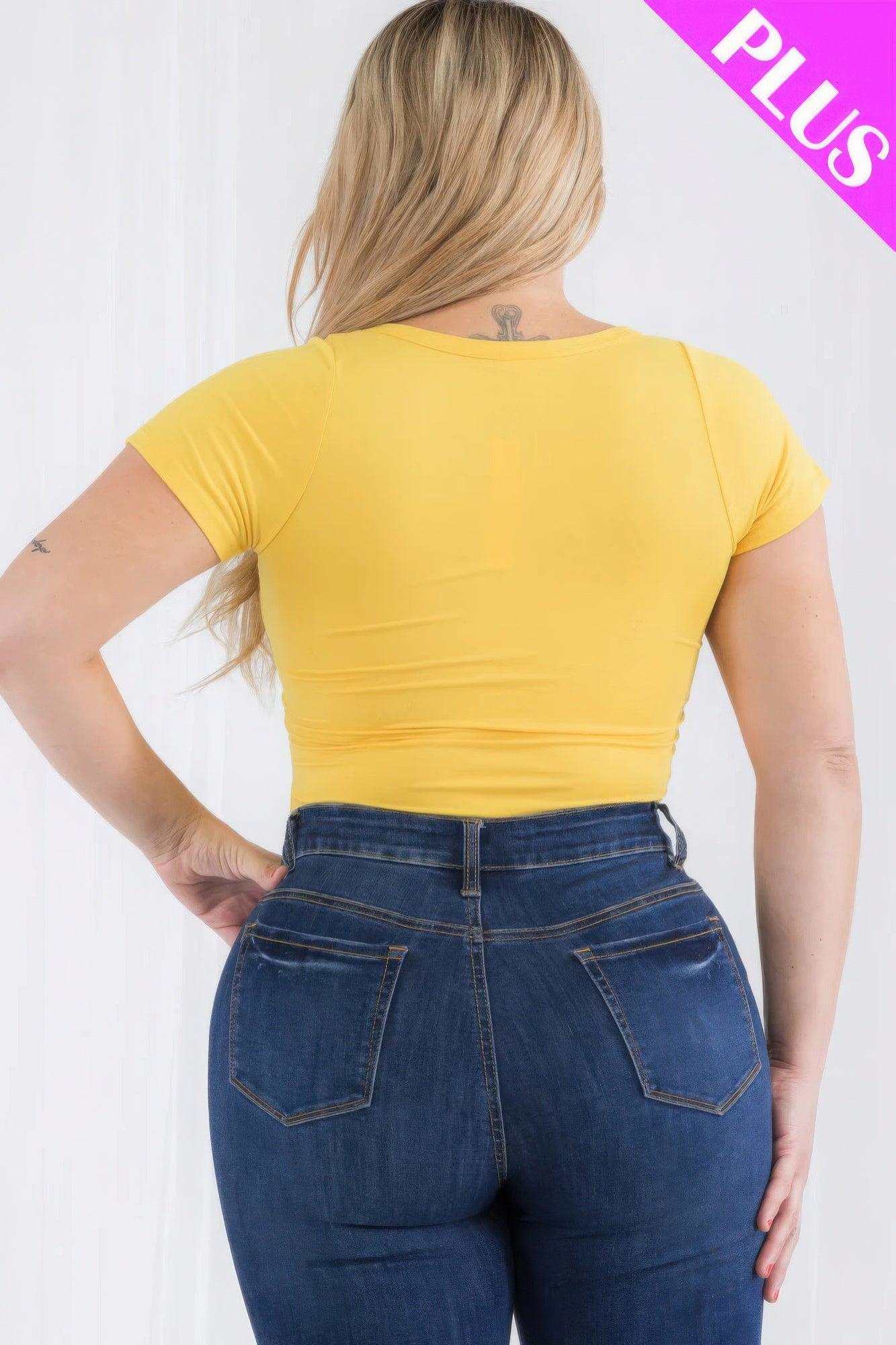 Plus Size Casual Split Neck Solid Short Sleeve Bodysuit - Clothes For Her Online Store