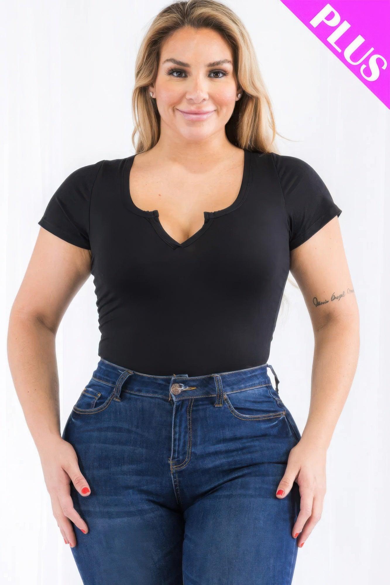 Plus Size Casual Split Neck Solid Short Sleeve Bodysuit - Clothes For Her Online Store
