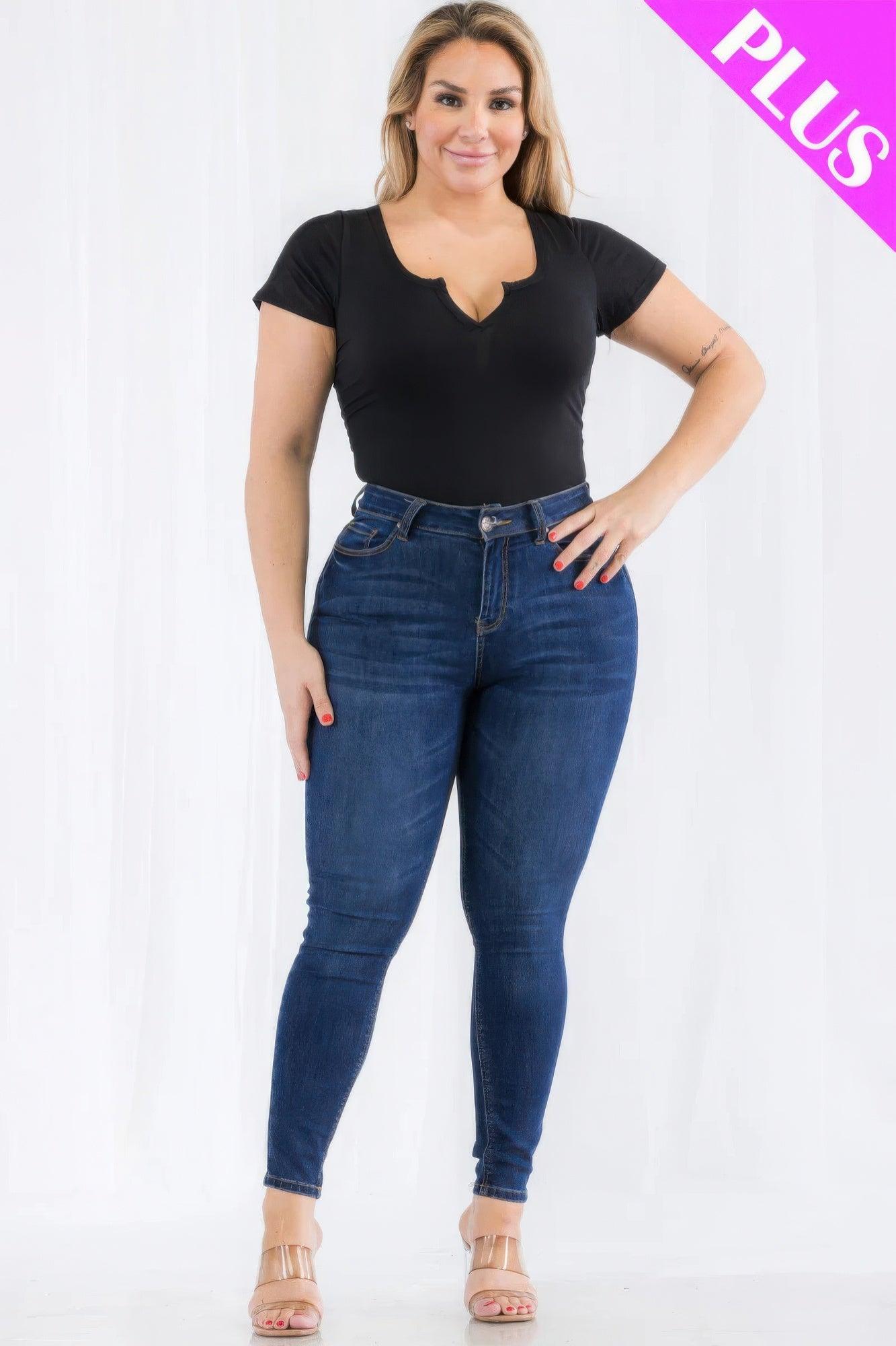 Plus Size Casual Split Neck Solid Short Sleeve Bodysuit - Clothes For Her Online Store