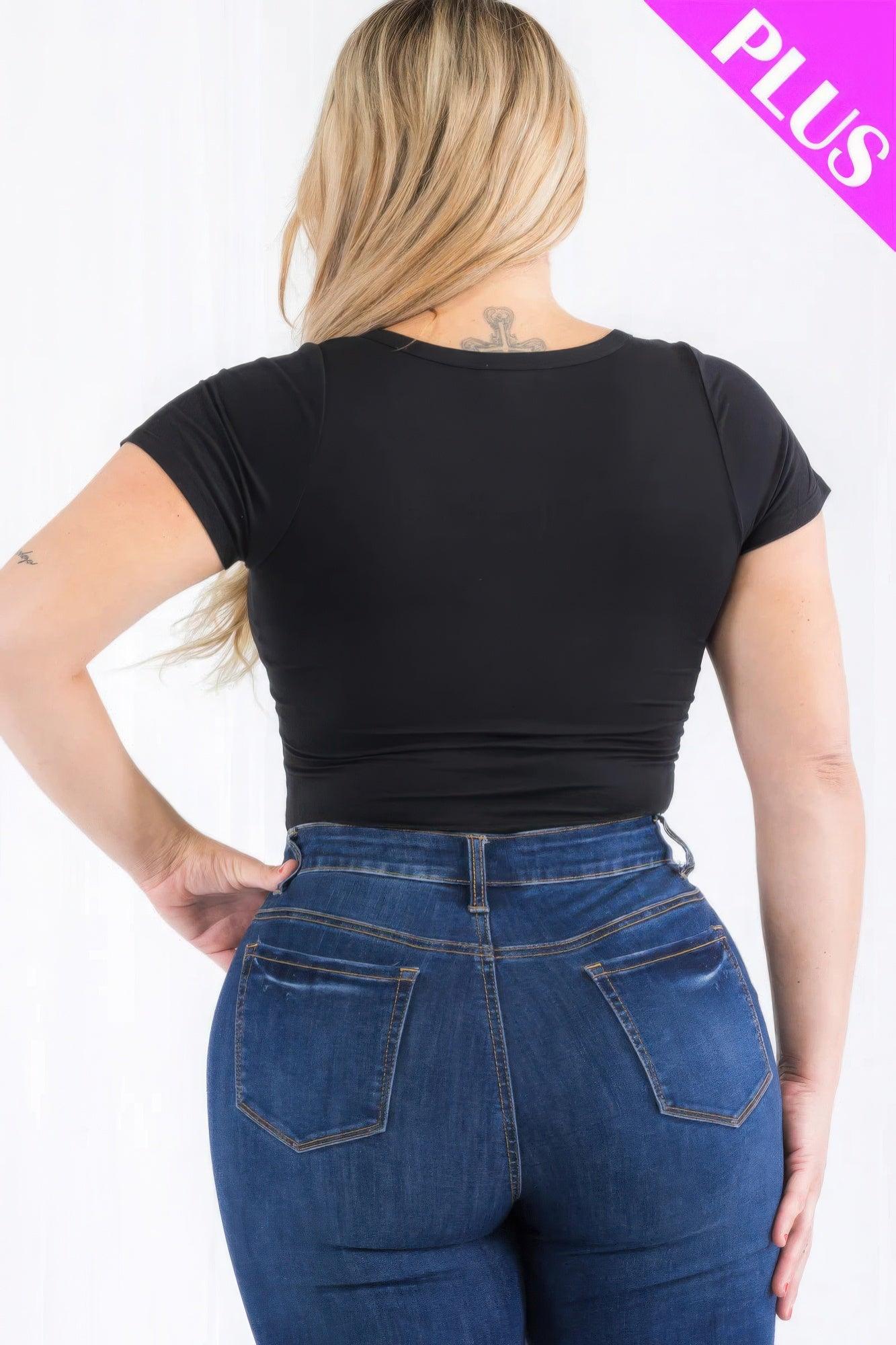 Plus Size Casual Split Neck Solid Short Sleeve Bodysuit - Clothes For Her Online Store
