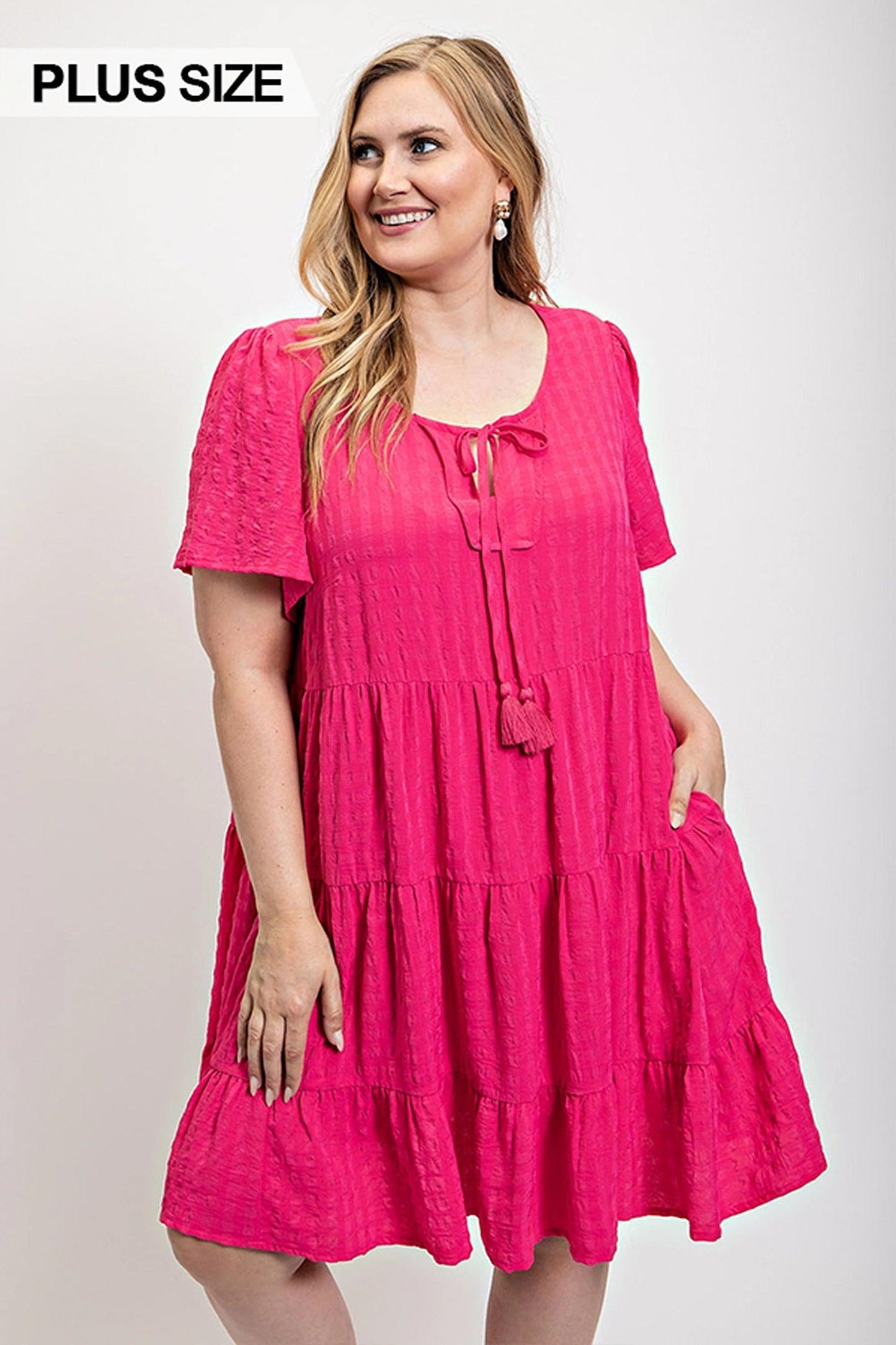 Textured woven tiered dress with tassel tie and pockets - Clothes For Her Online Store