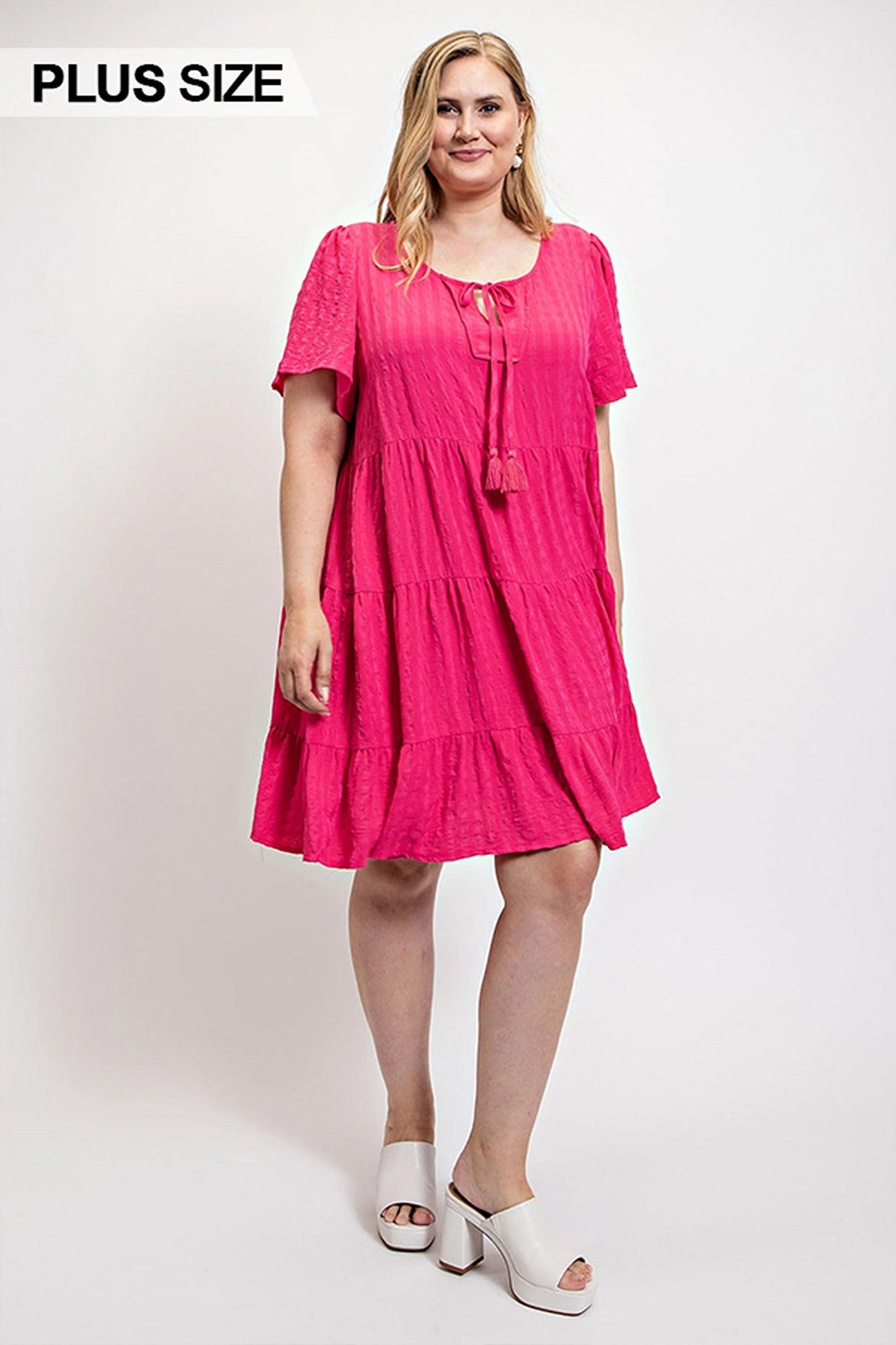 Textured woven tiered dress with tassel tie and pockets - Clothes For Her Online Store