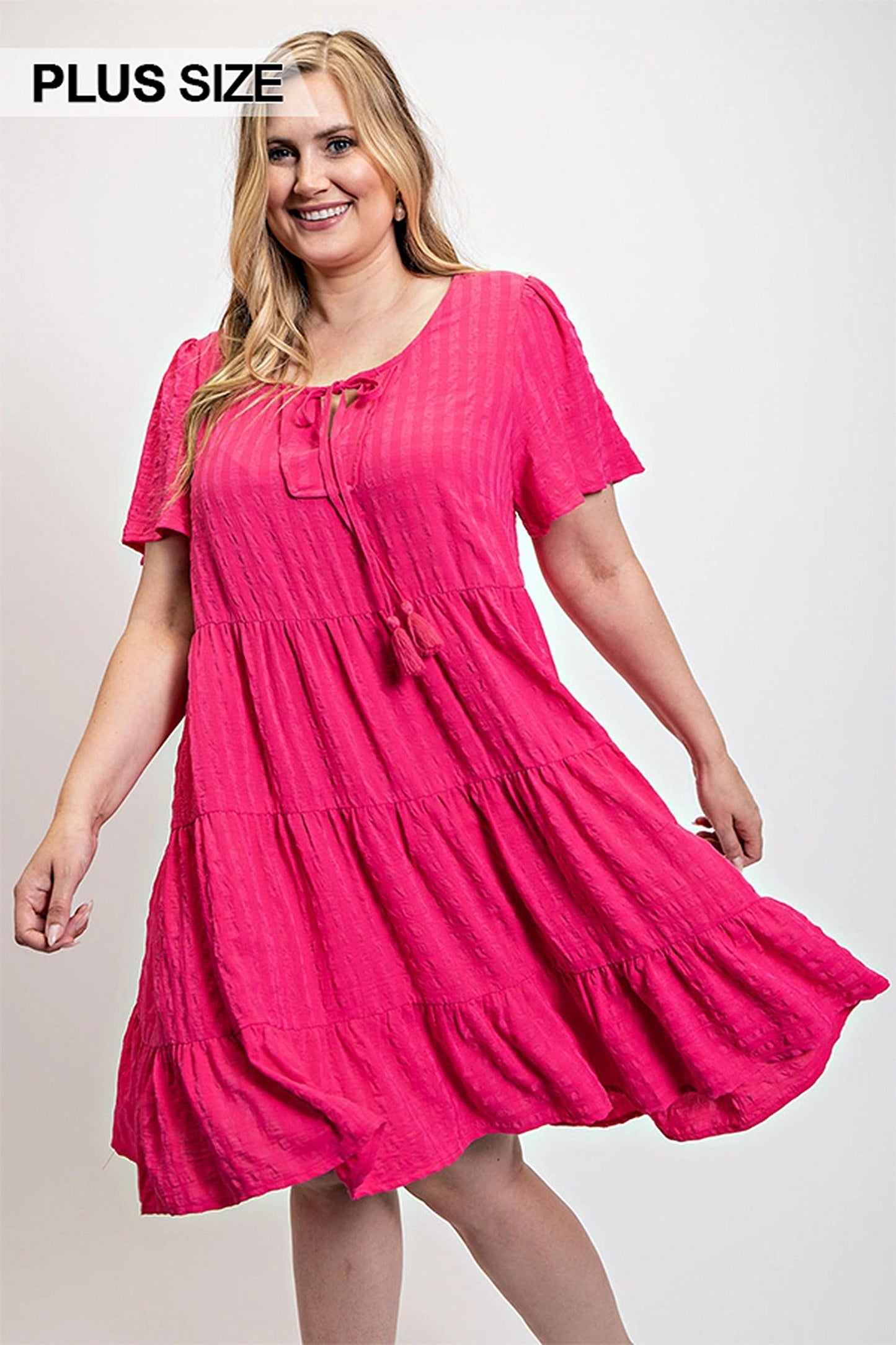 Textured woven tiered dress with tassel tie and pockets - Clothes For Her Online Store