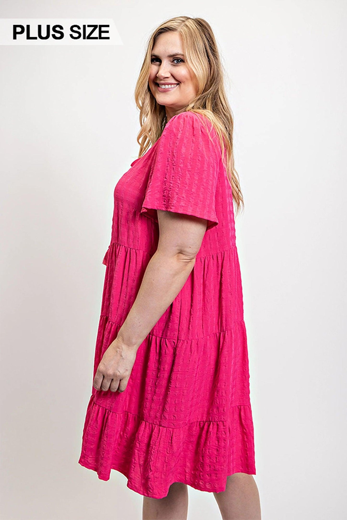 Textured woven tiered dress with tassel tie and pockets - Clothes For Her Online Store