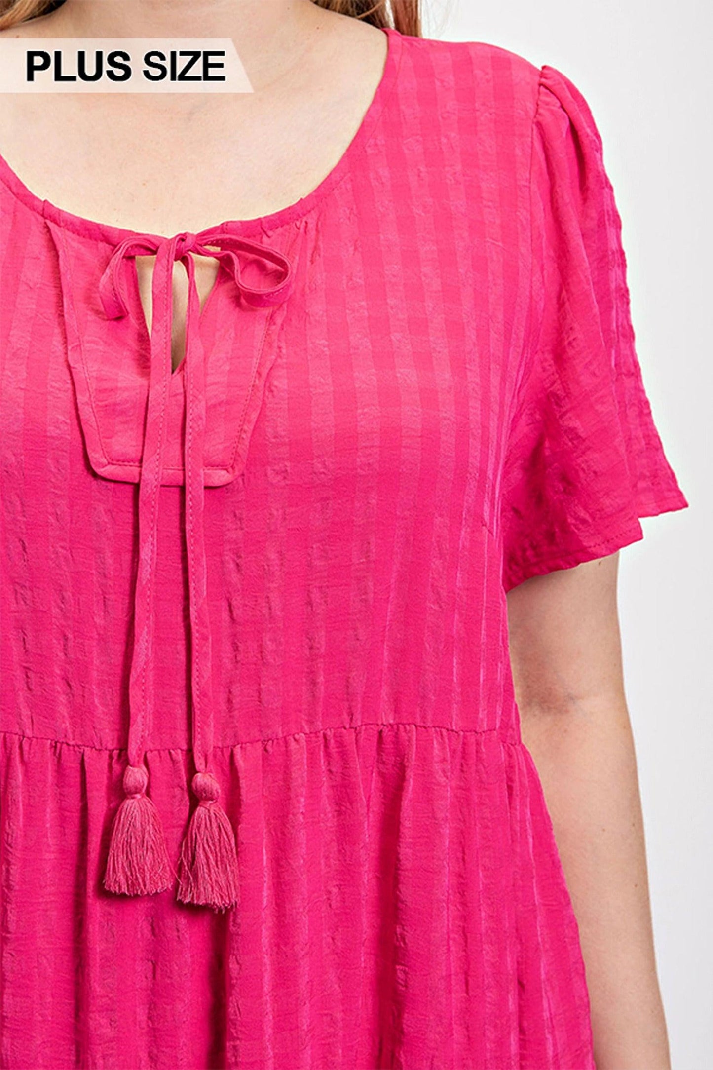 Textured woven tiered dress with tassel tie and pockets - Clothes For Her Online Store