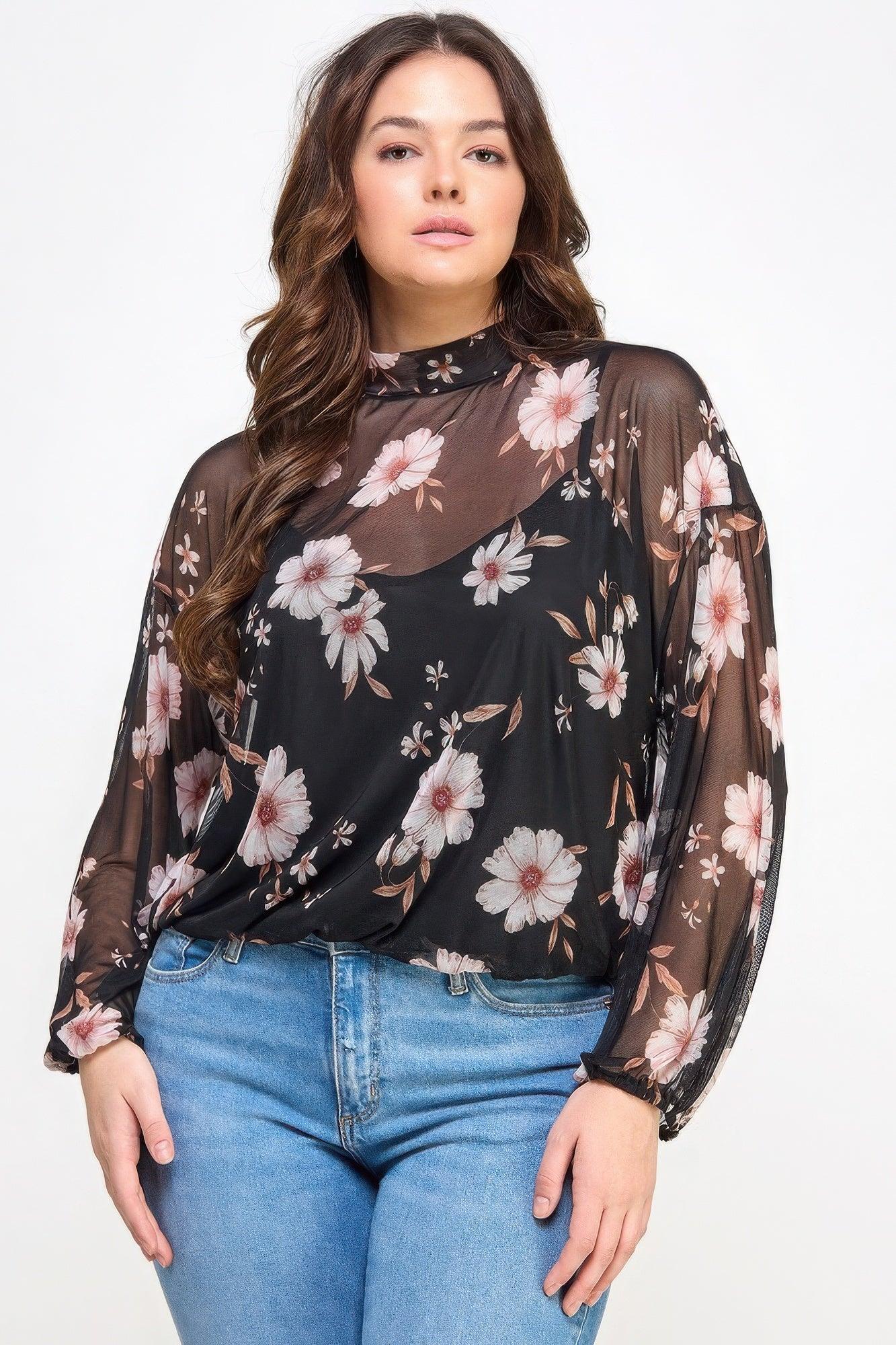 Mesh Floral Ls Top W/cami - Clothes For Her Online Store