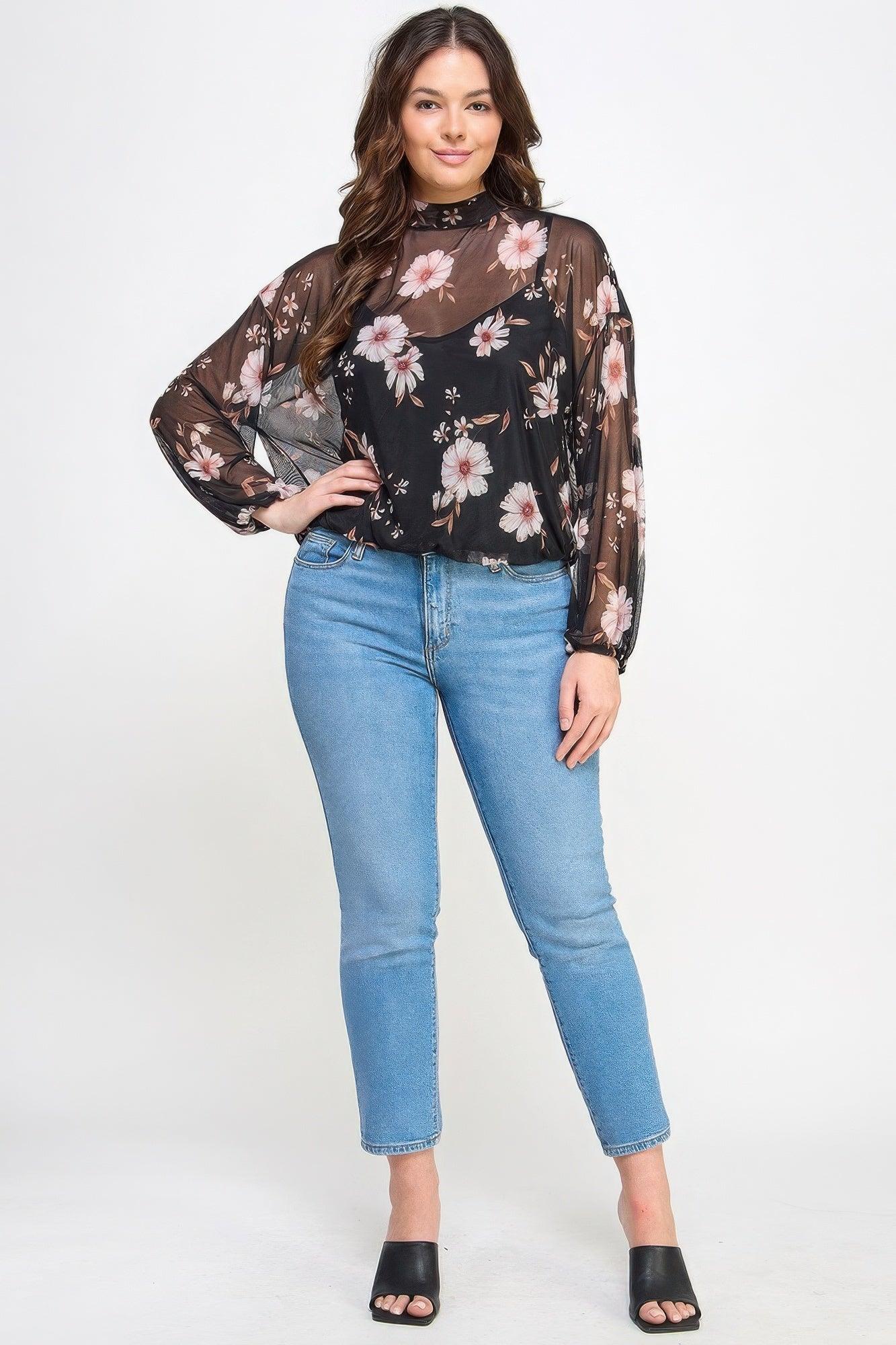Mesh Floral Ls Top W/cami - Clothes For Her Online Store