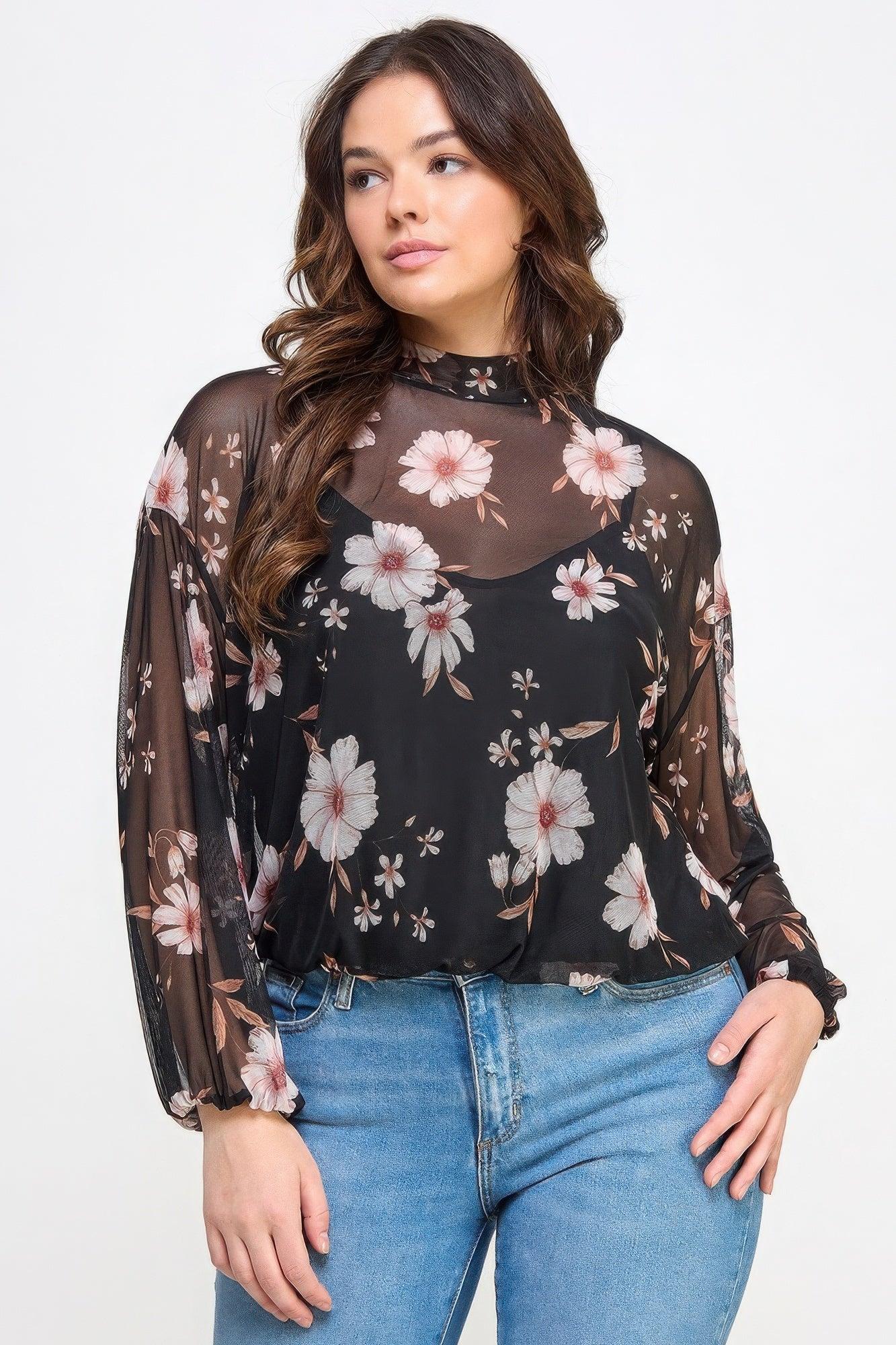 Mesh Floral Ls Top W/cami - Clothes For Her Online Store