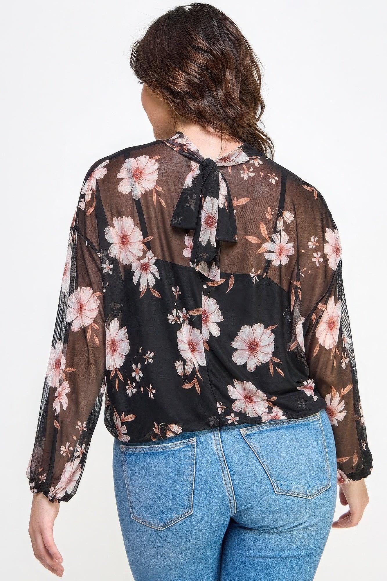 Mesh Floral Ls Top W/cami - Clothes For Her Online Store