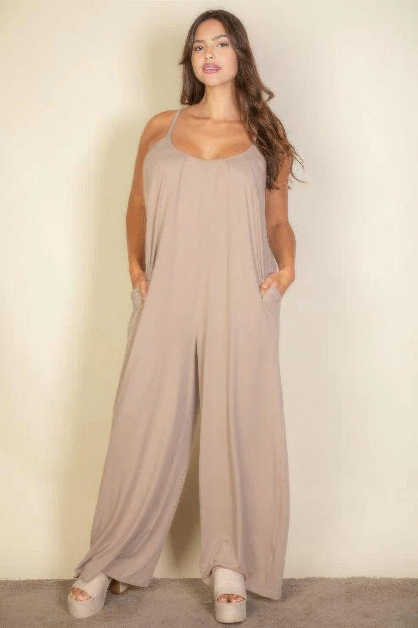 Plus spaghetti strap solid wide jumpsuit - Clothes For Her Online Store