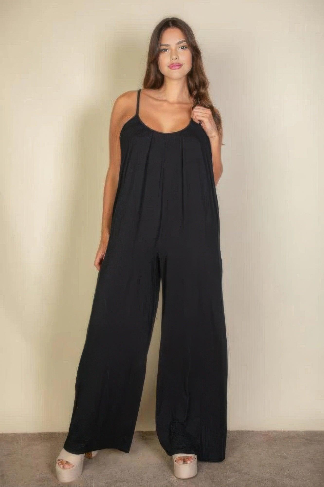 Plus spaghetti strap solid wide jumpsuit - Clothes For Her Online Store