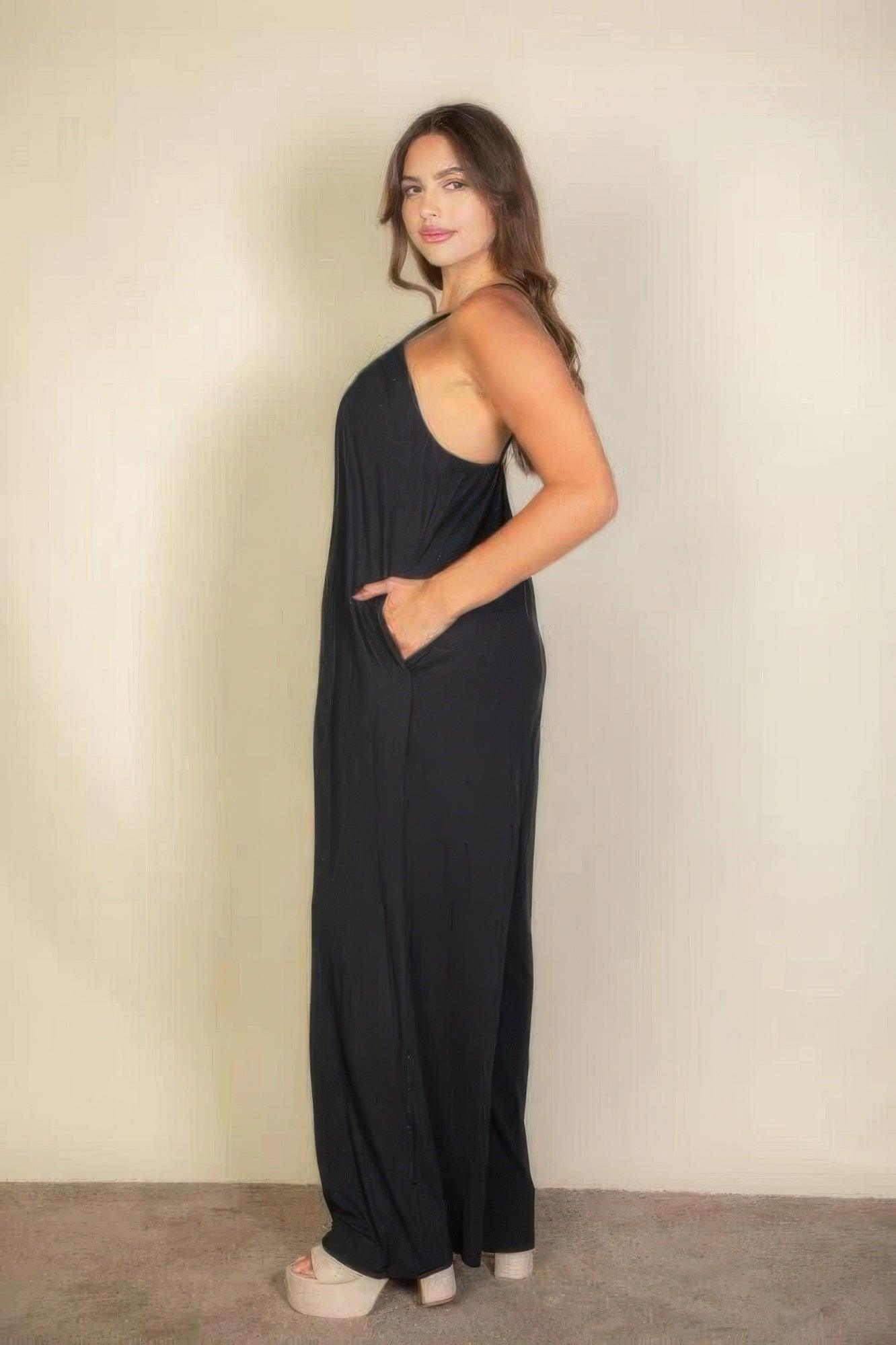 Plus spaghetti strap solid wide jumpsuit - Clothes For Her Online Store