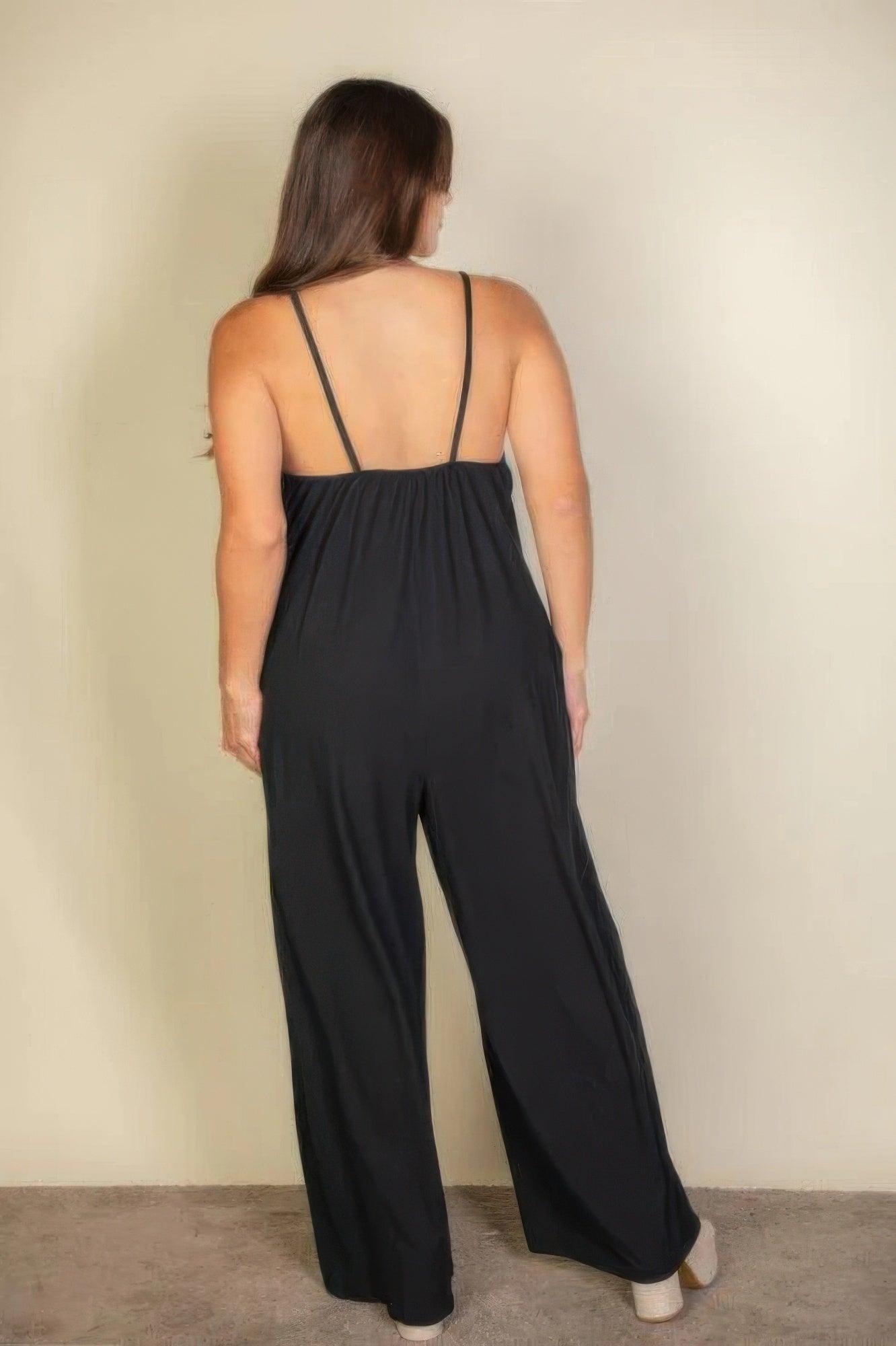 Plus spaghetti strap solid wide jumpsuit - Clothes For Her Online Store